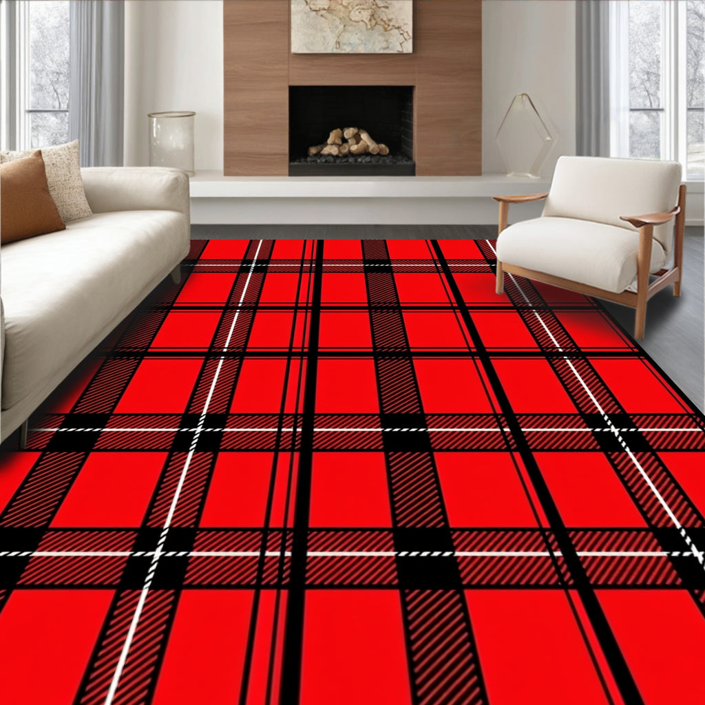 Bold Red Black White Plaid Pattern Rug