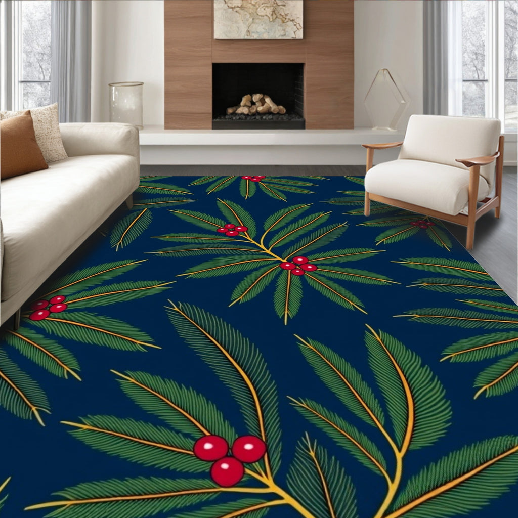 Deep Navy Green Holly Berry Leaves Rug
