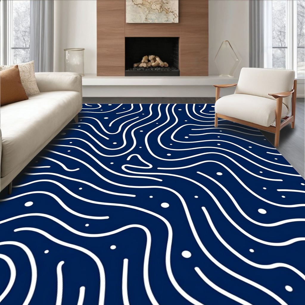 Wavy Line Abstract Indigo Dot Pattern Rug