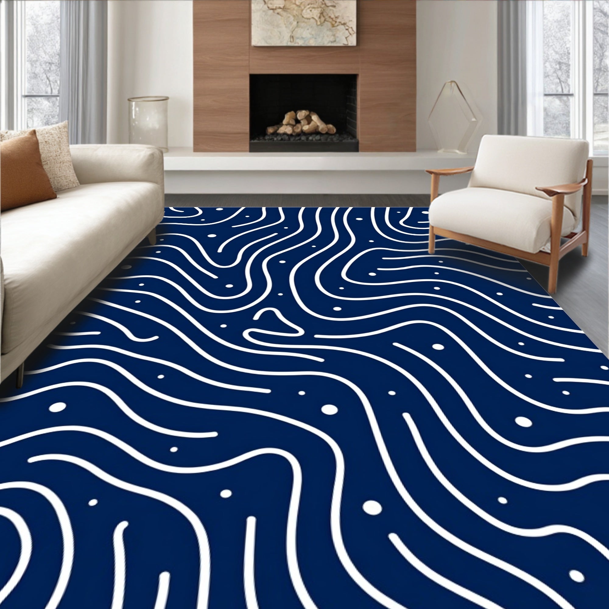 Wavy Line Abstract Indigo Dot Pattern Rug