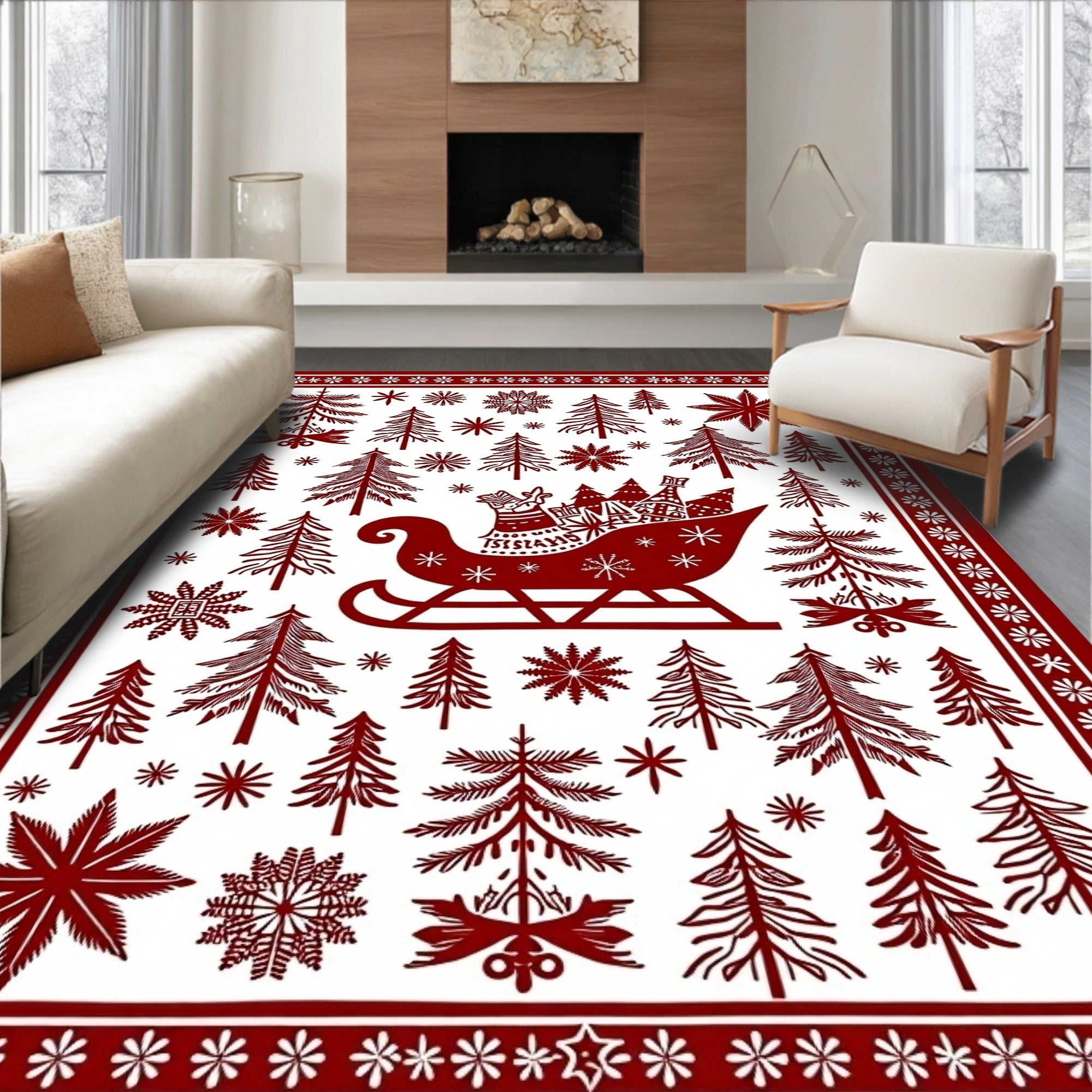 Crimson Sleigh Fir Tree Snowfall Border Rug