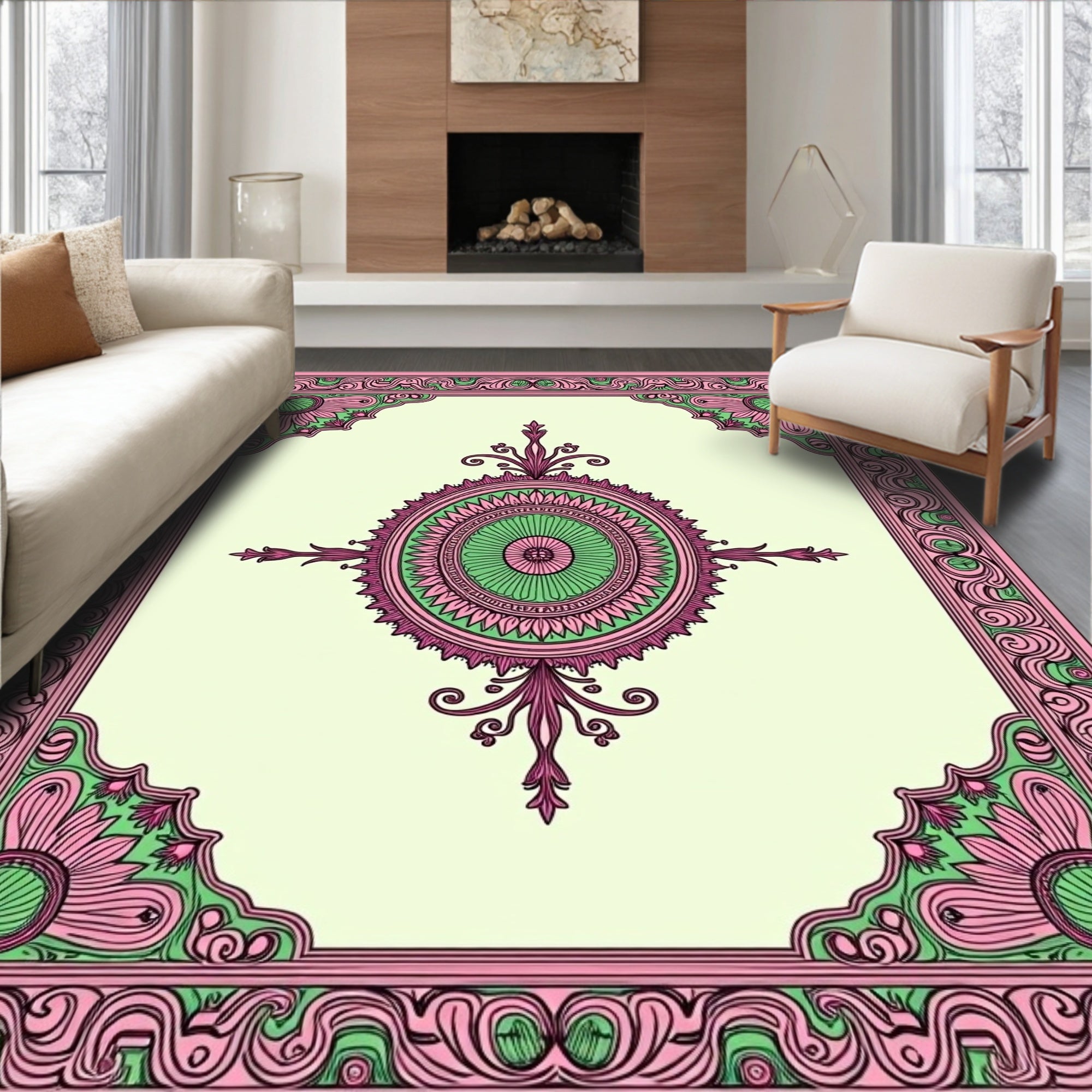 Pink Green Floral Mandala Design Rug