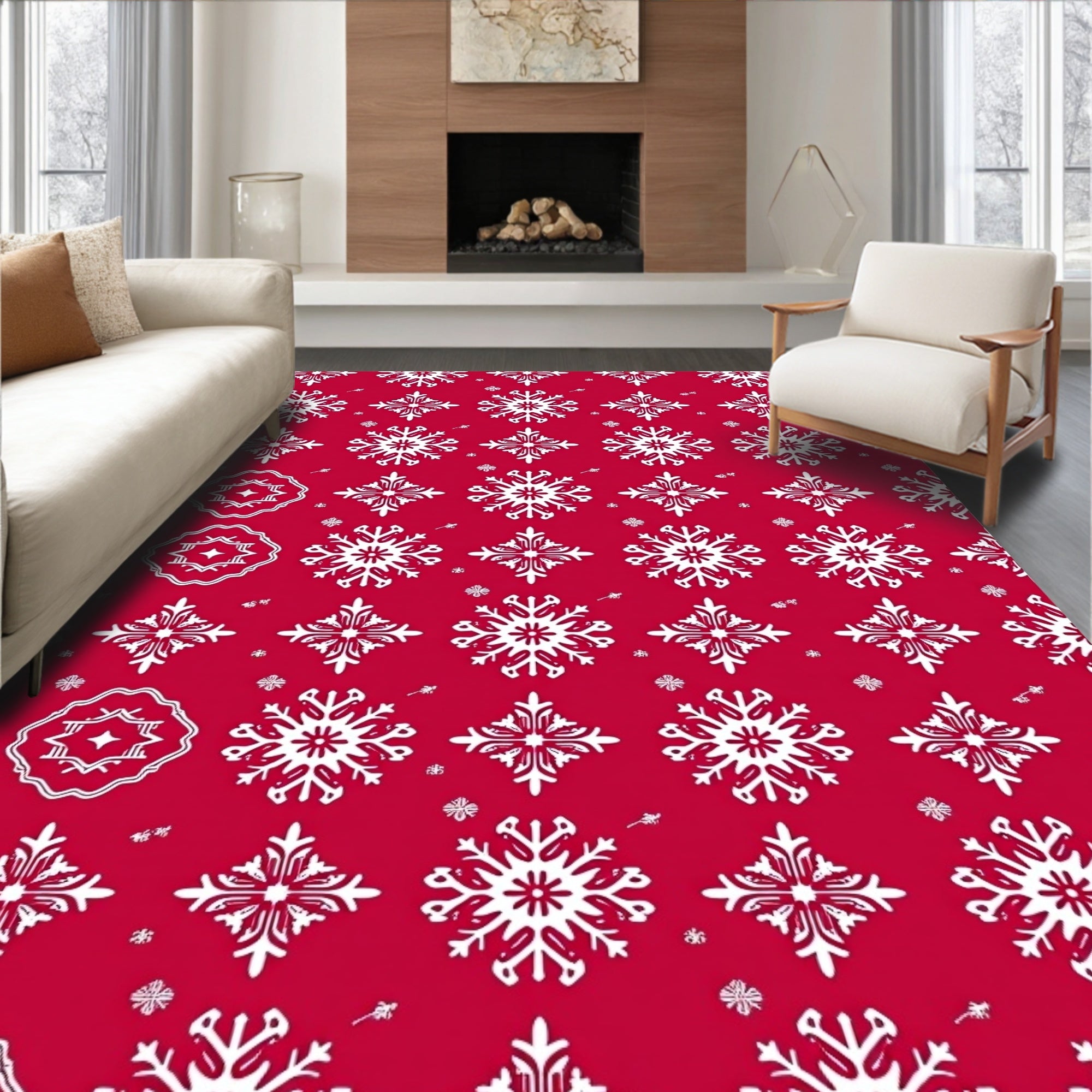 Nordic Snowflake Patterned Red Rug