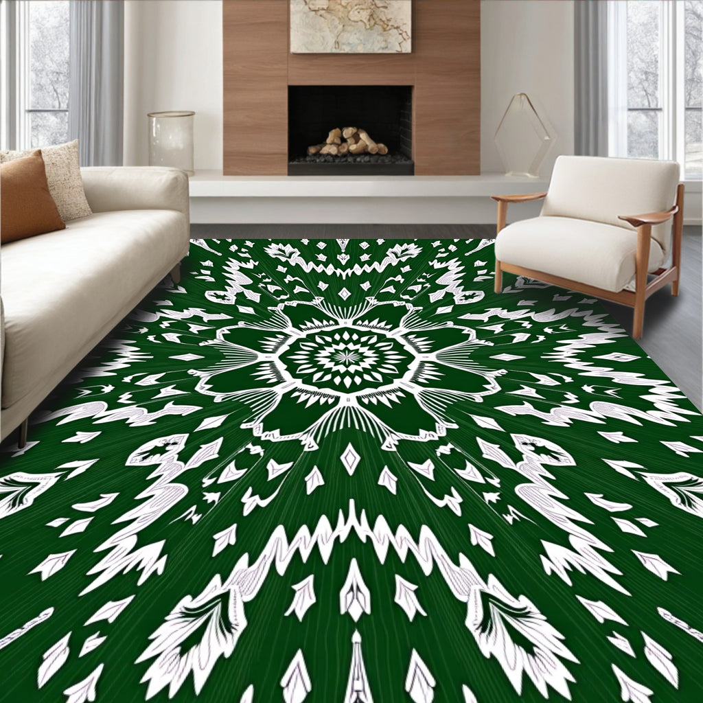 Green White Floral Mandala Rug
