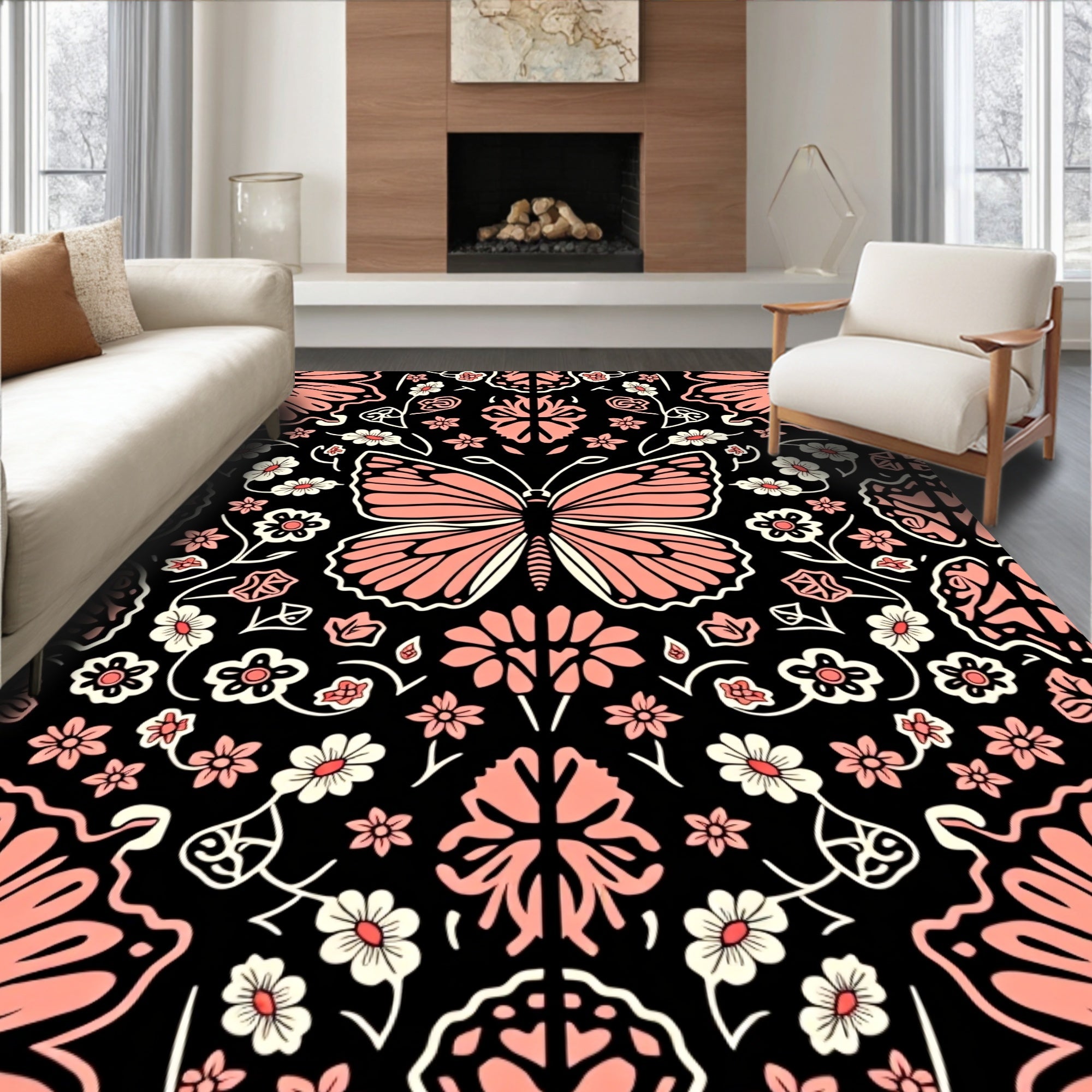 Pink Butterfly and Floral Pattern Rug