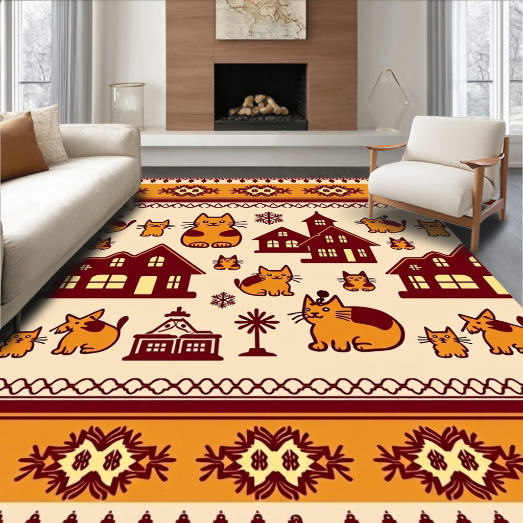Whimsical Cats and Houses Pattern Rug