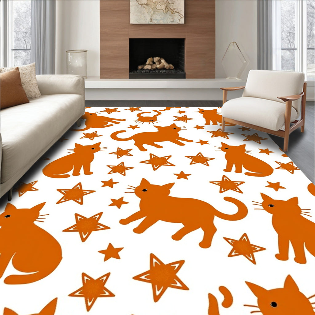 Playful Orange Cat Star Pattern Rug