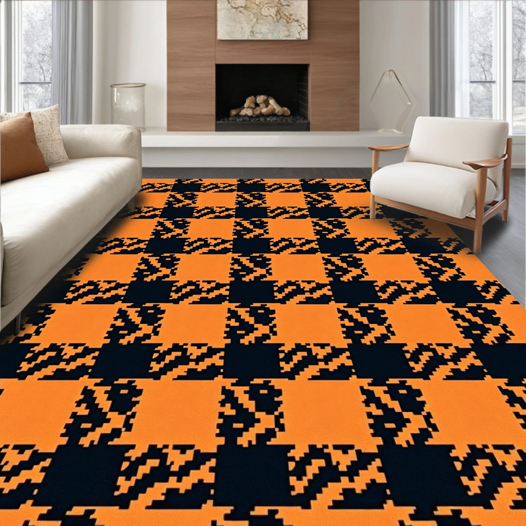 Orange Black Pixelated Checked Pattern Rug