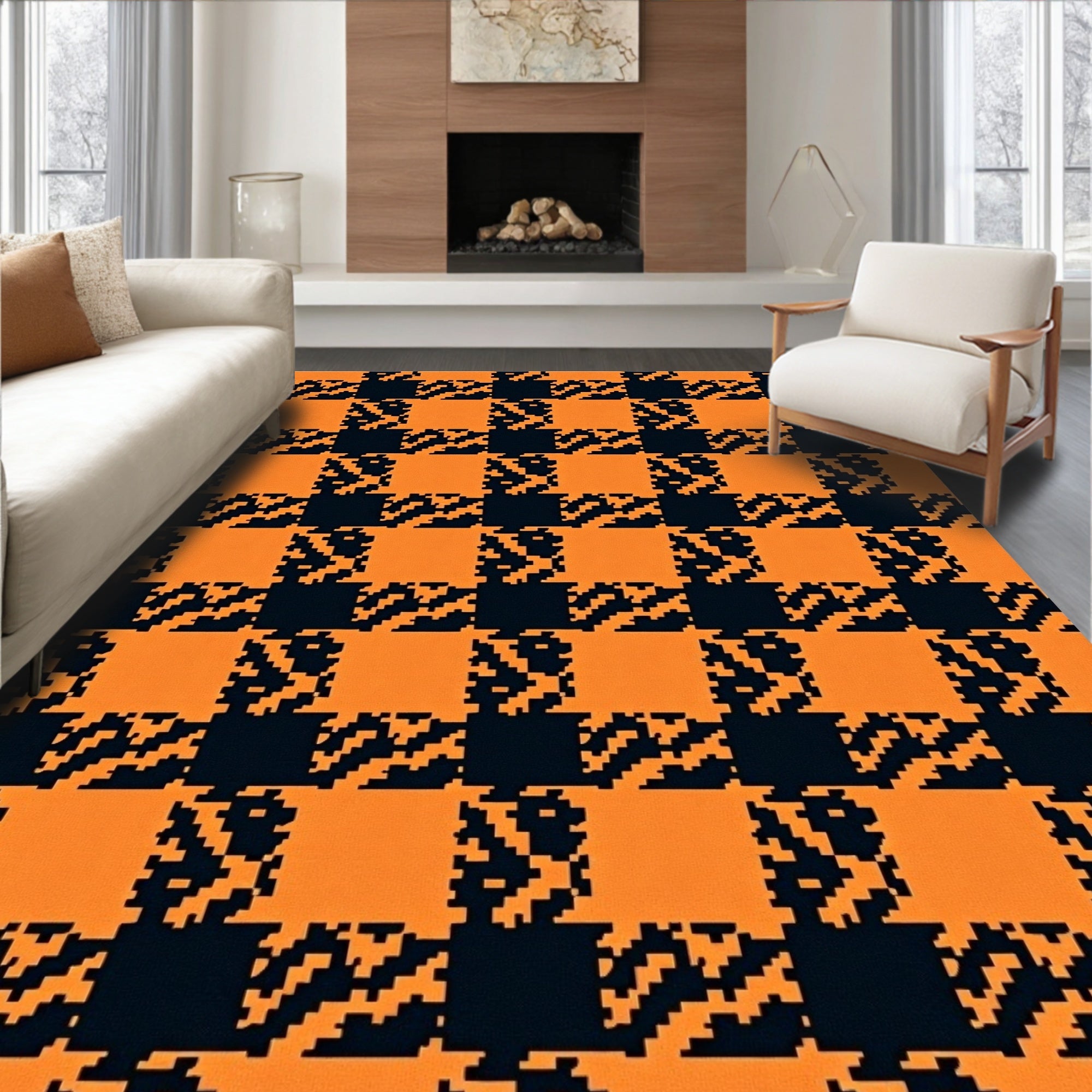 Orange Black Pixelated Checked Pattern Rug