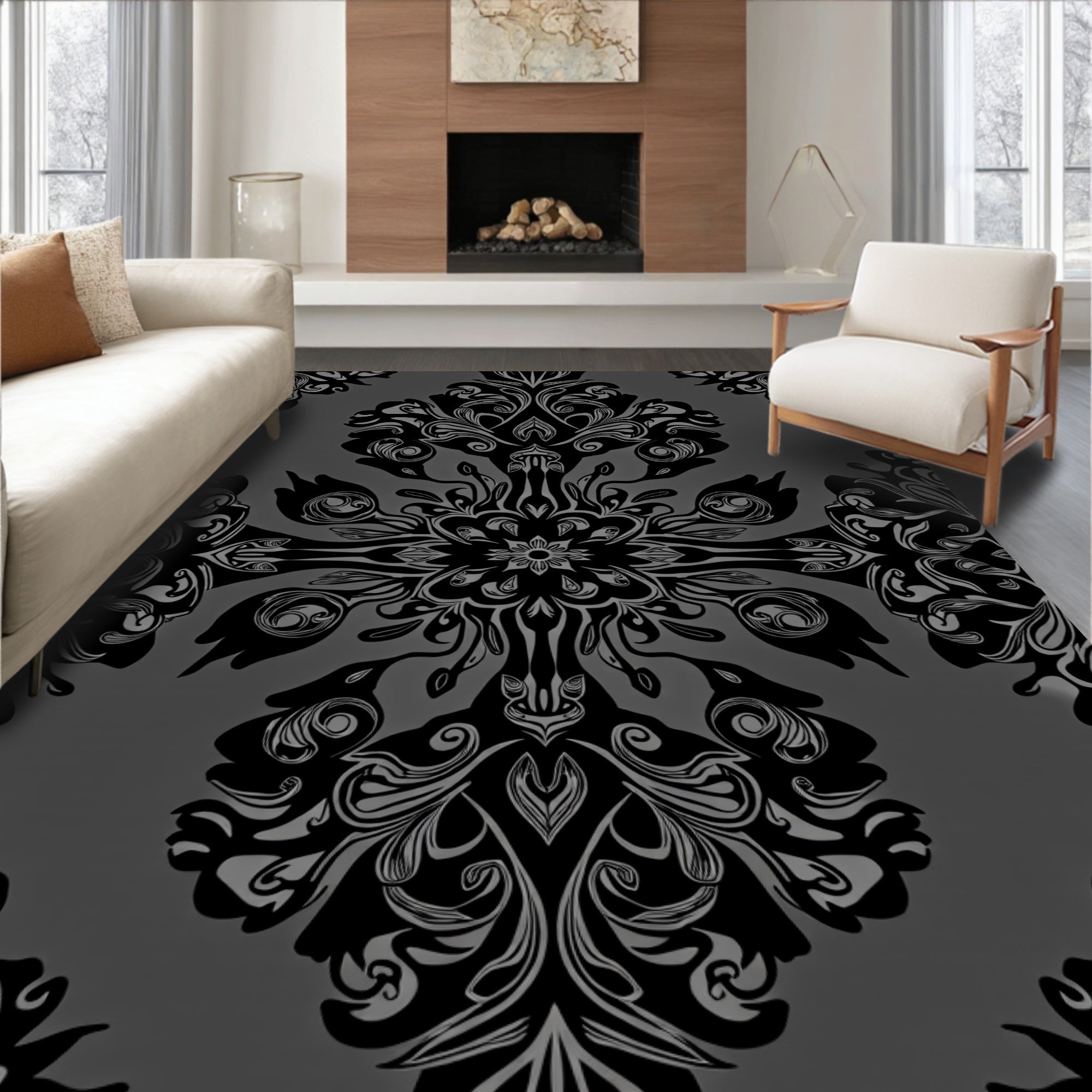 Ornate Black Mandala Pattern Rug