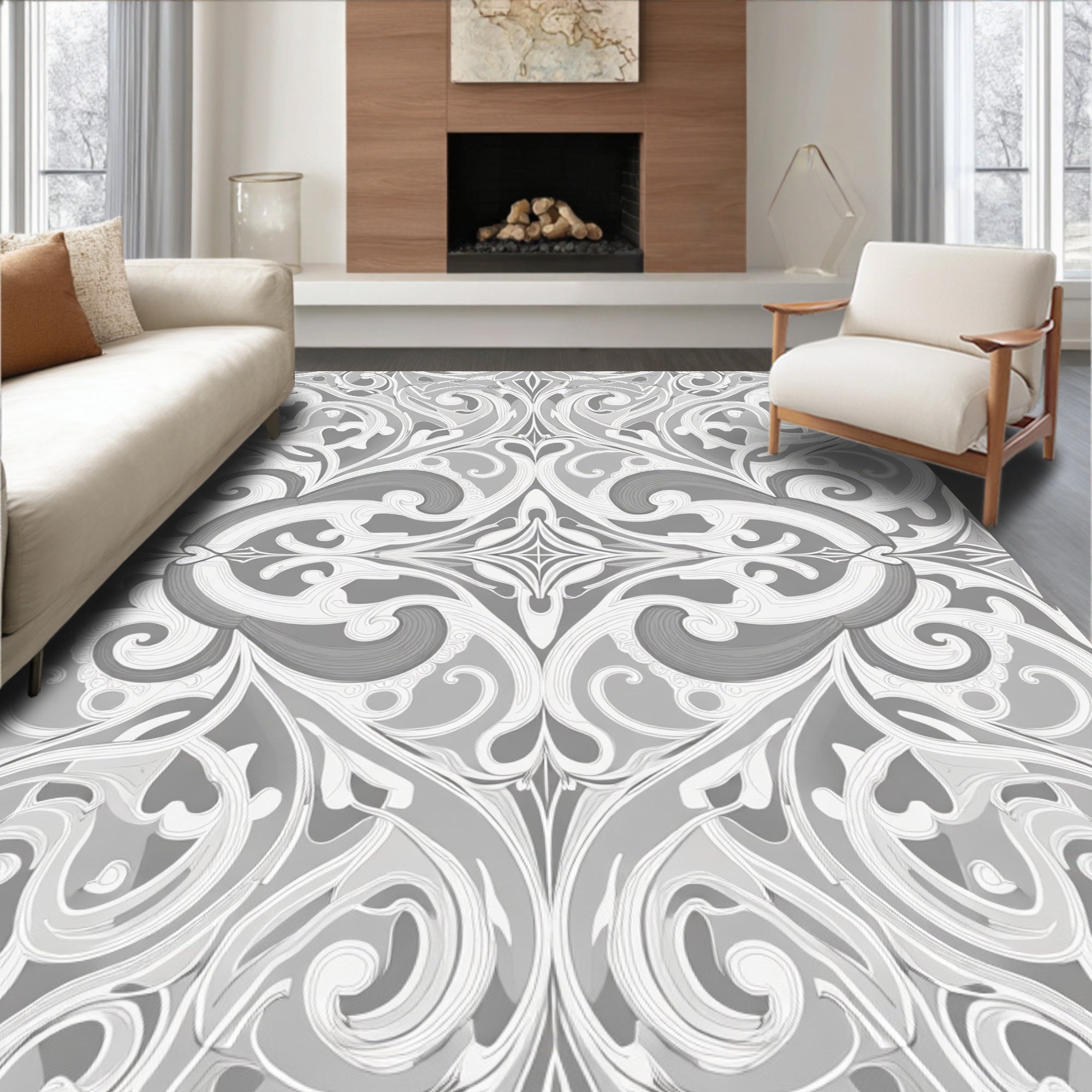 Elegant Grey Swirls Floral Pattern Rug