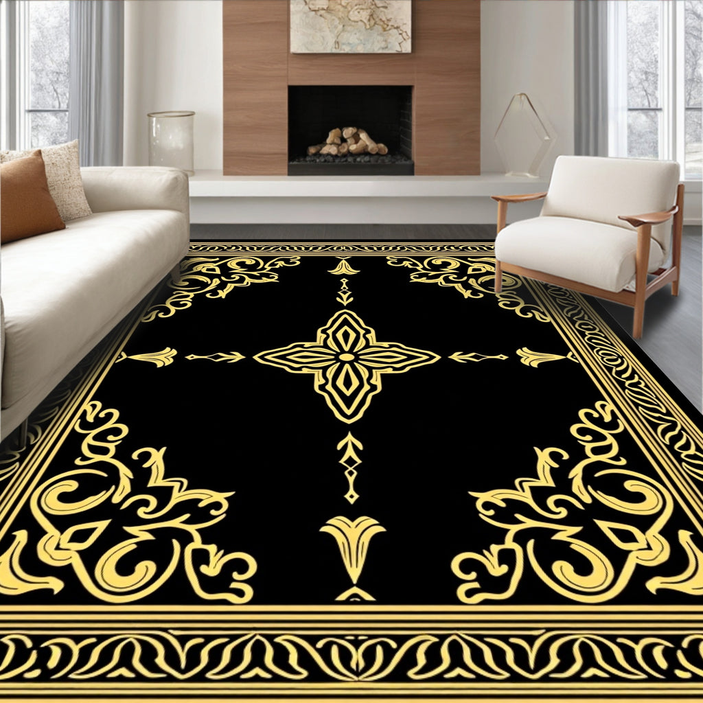 Black Gold Ornate Scroll Pattern Rug