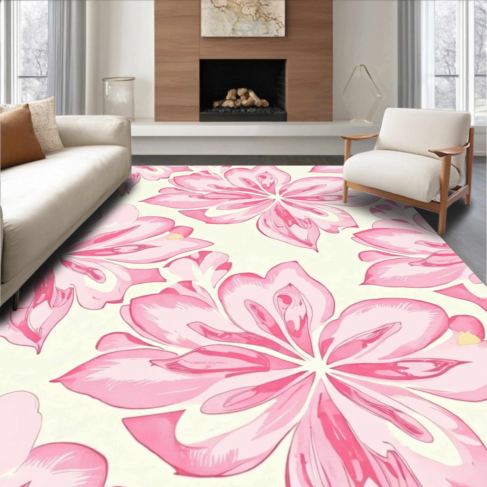 Large Pink Petal Floral Pattern Rug