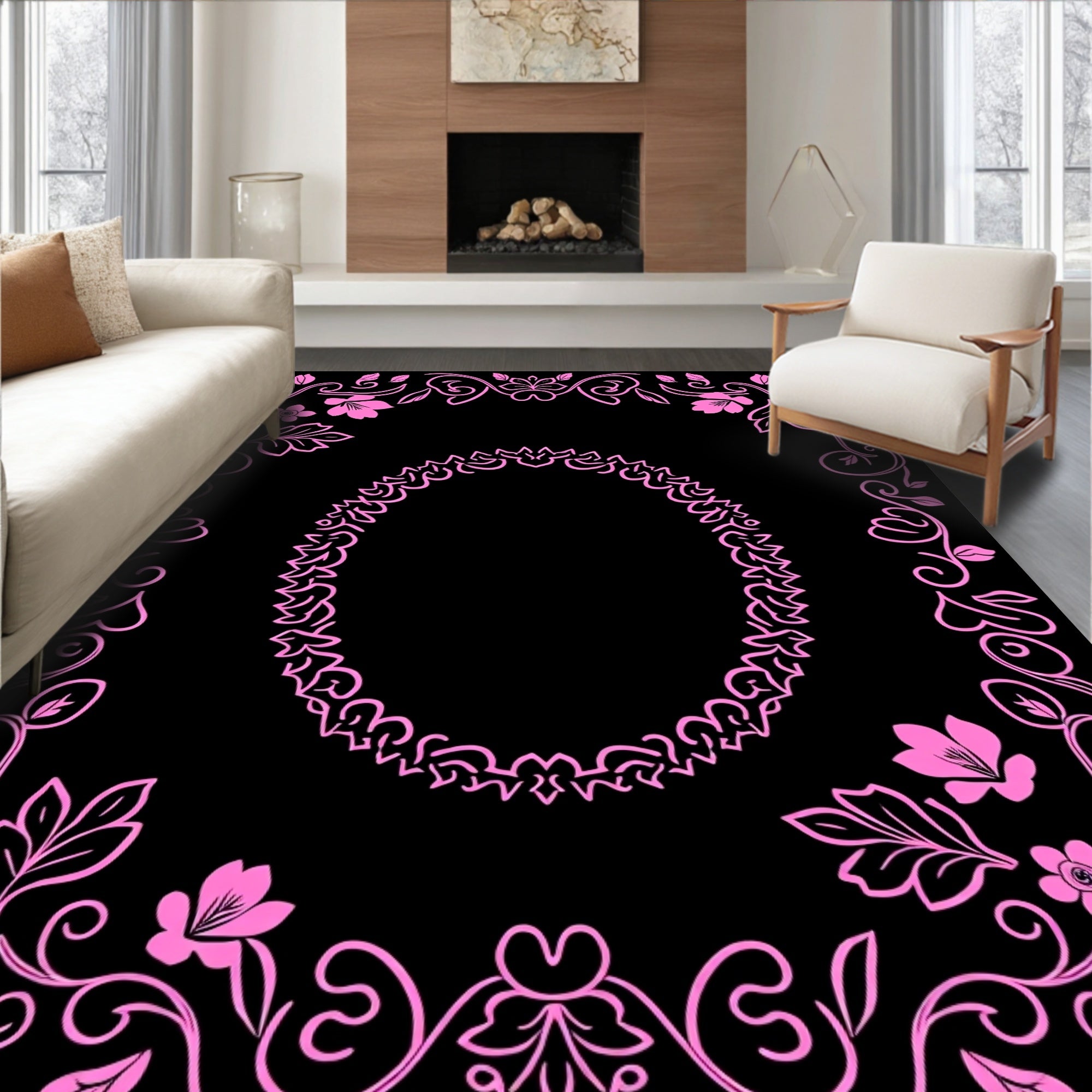 Pink Floral Swirl Oval Frame Design Rug