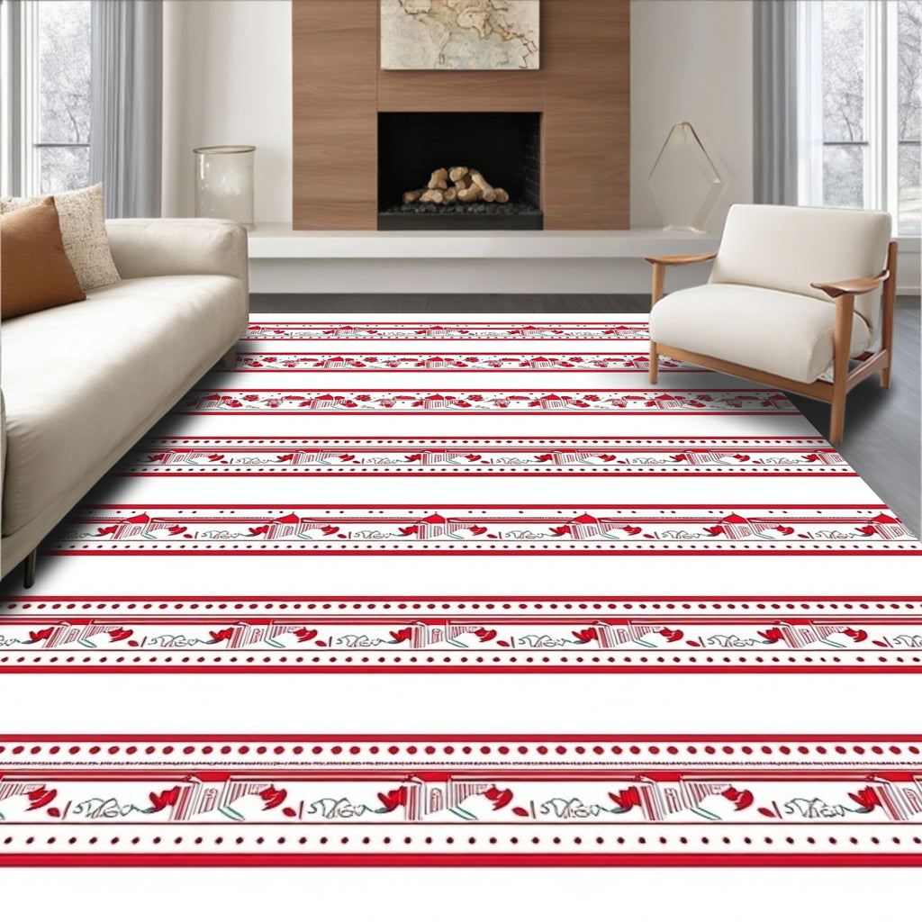 Red Architectural Skyline Border Design Rug