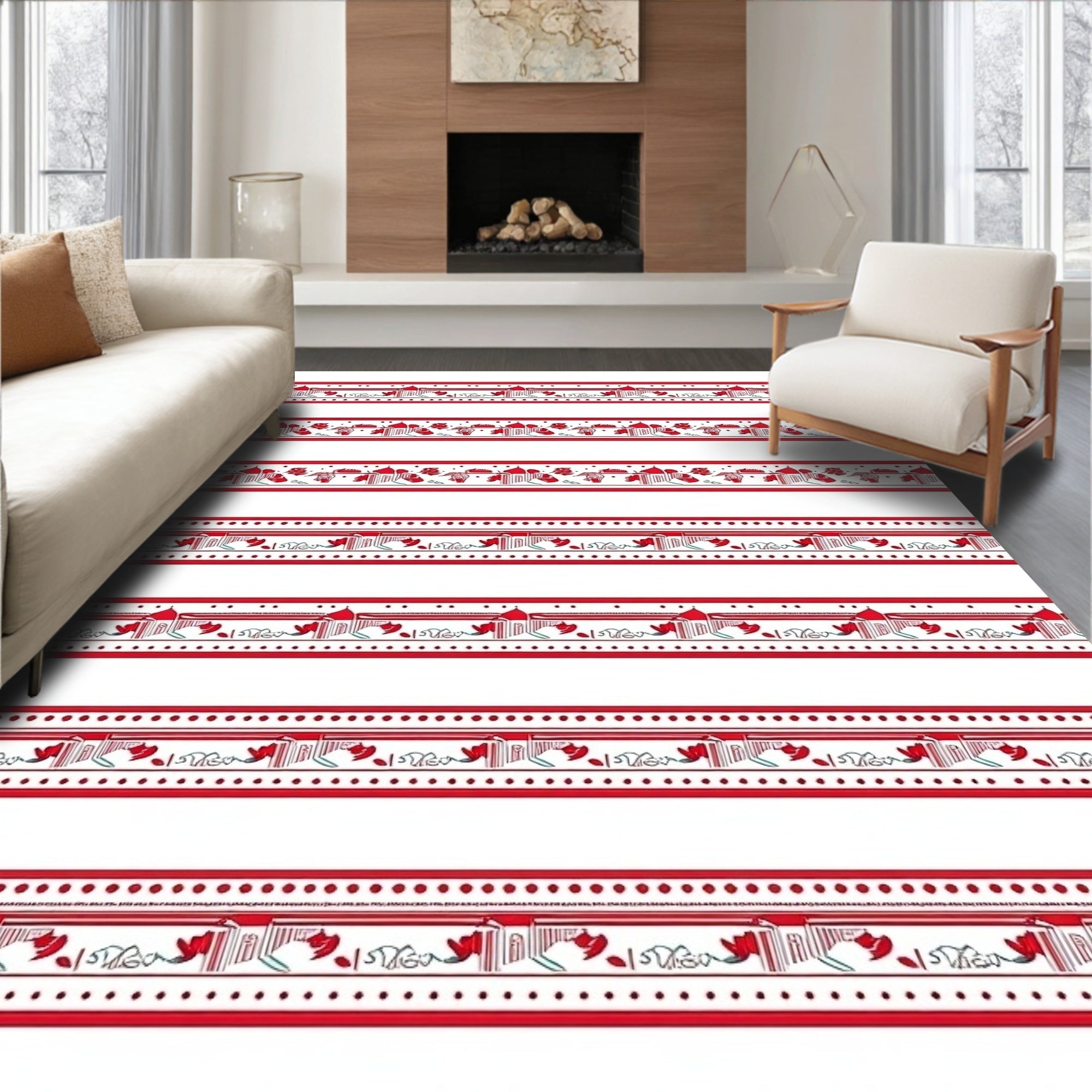 Red Architectural Skyline Border Design Rug