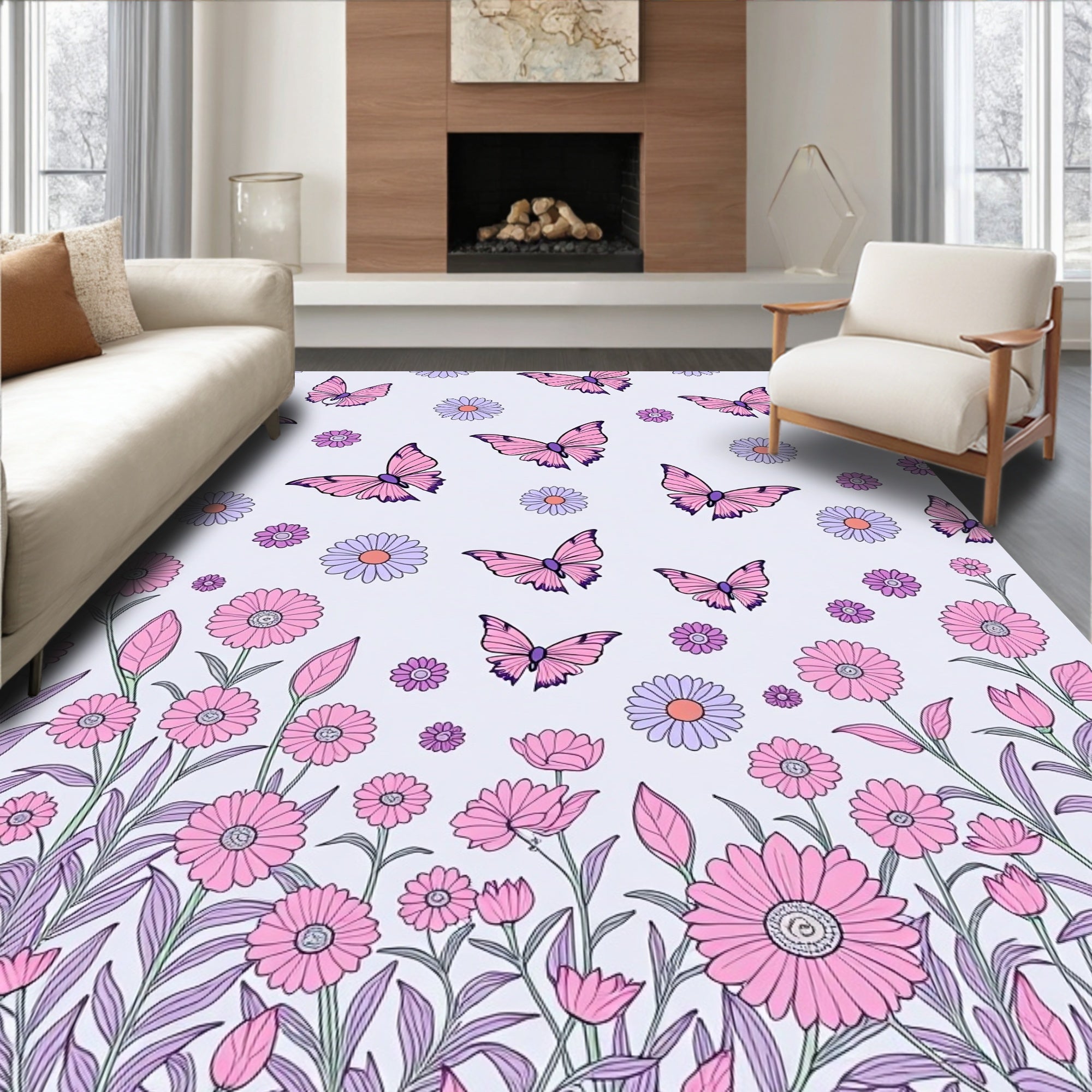 Pink Butterflies Daisy Garden Pattern Rug