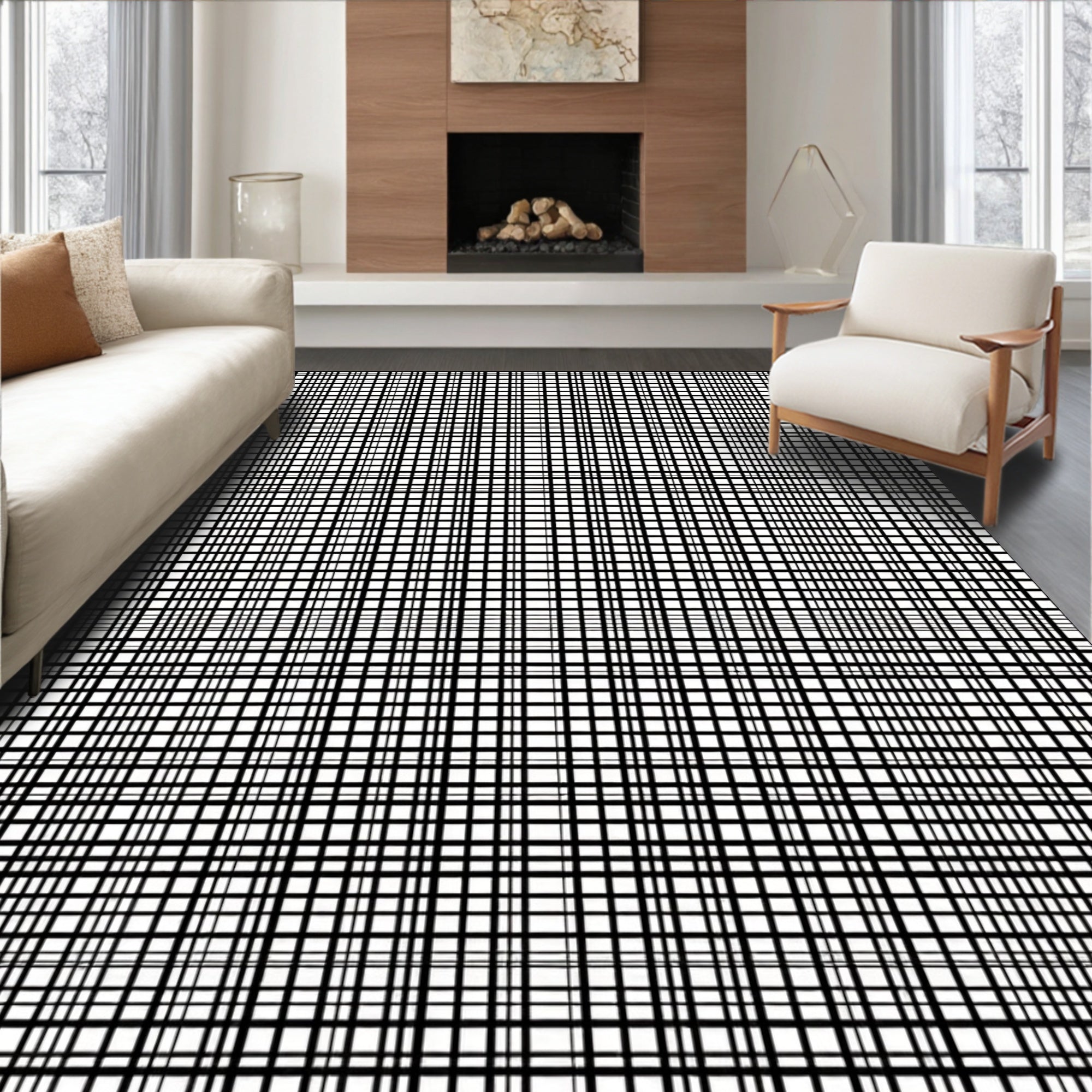 Black White Fine Line Geometric Rug