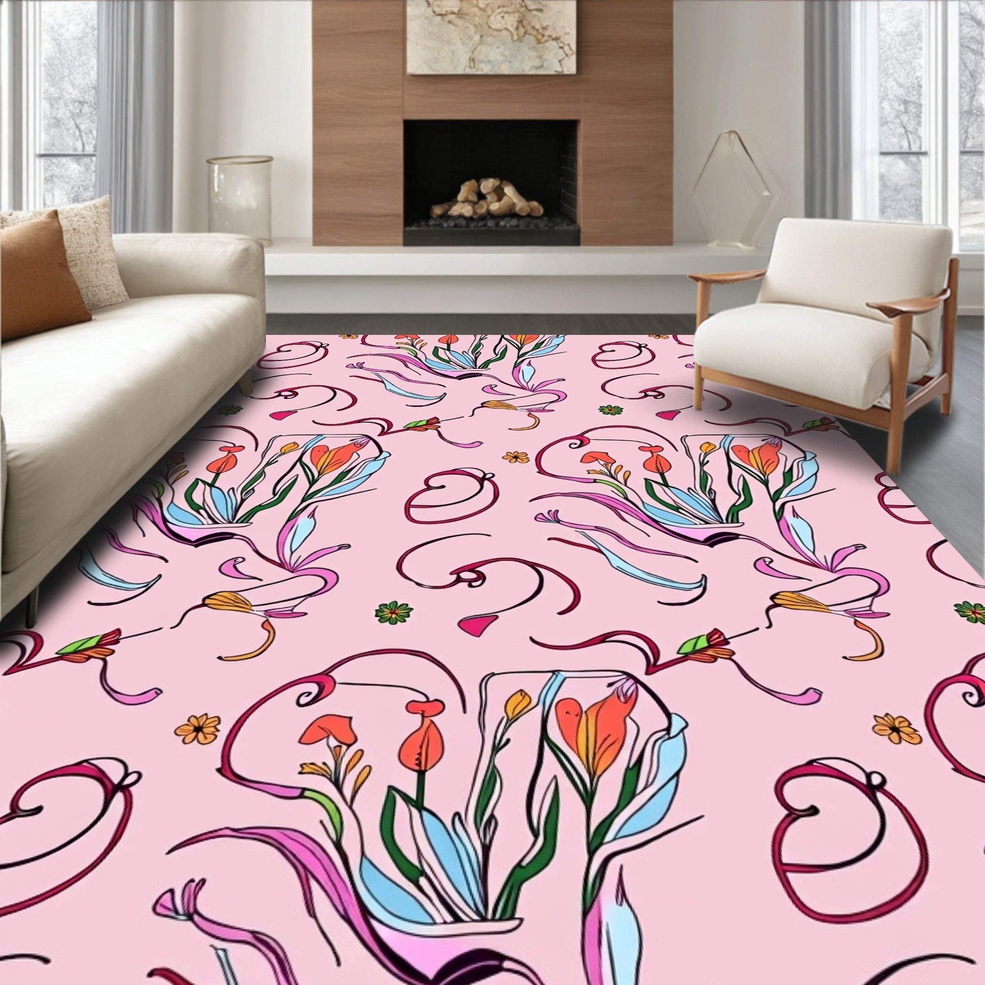Pink Floral Whimsical Outline Pattern Rug
