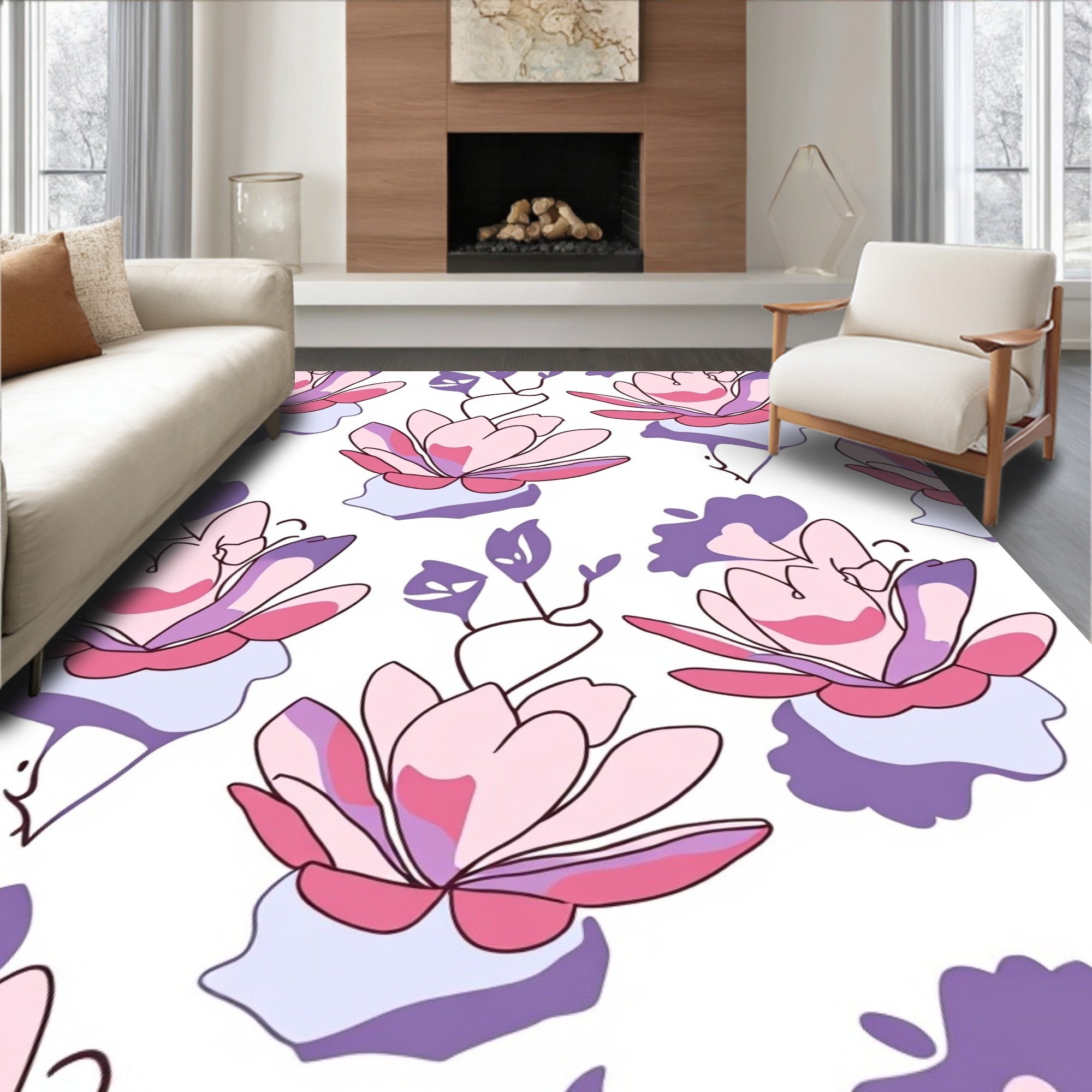 Pink Purple Floral Outline Design Rug