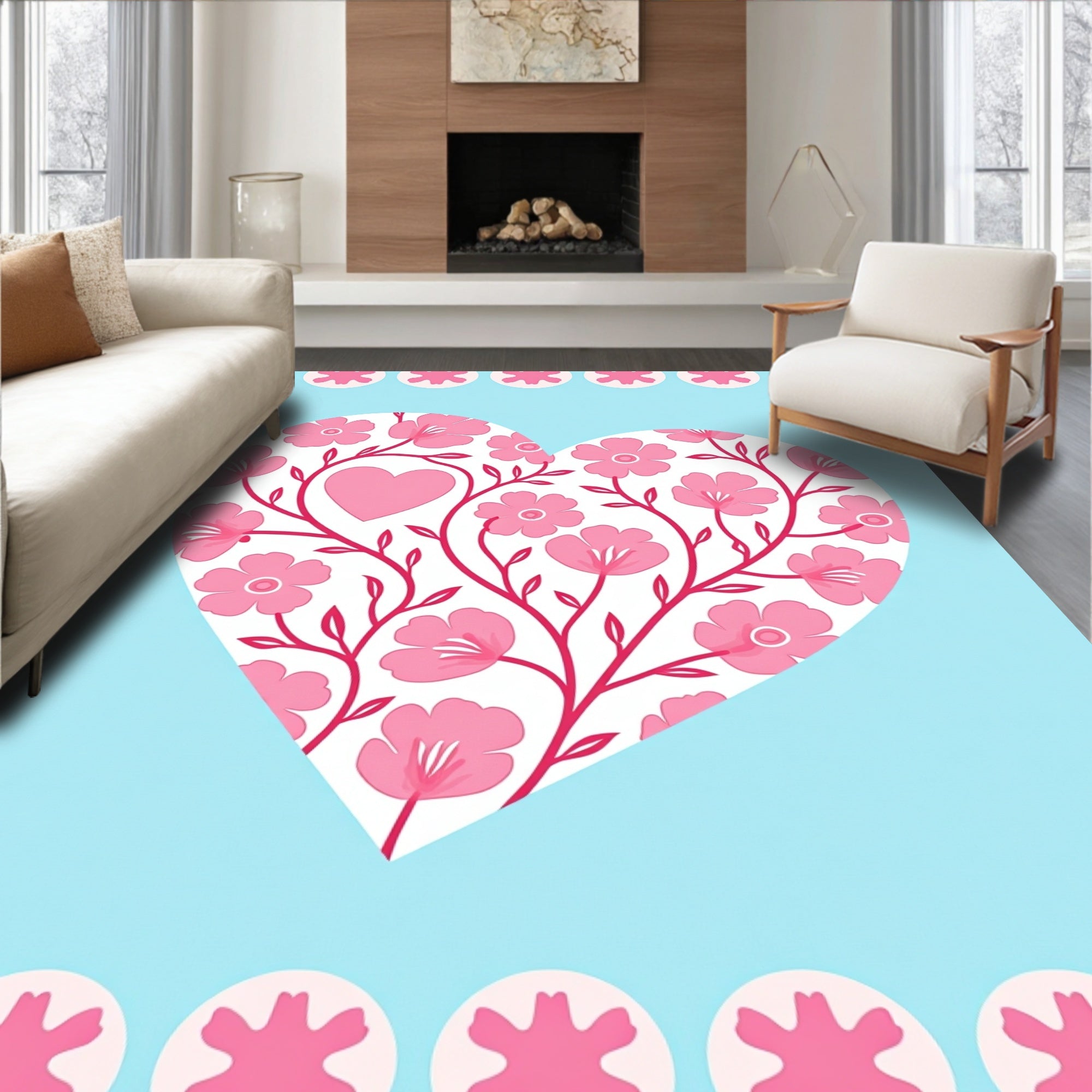Pink Heart Floral Vine Pattern Rug