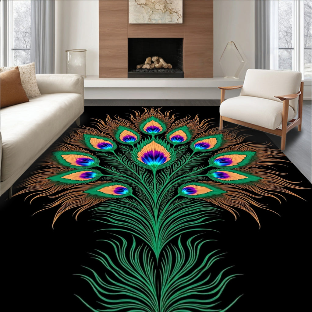 Vibrant Peacock Feather Floral Design Rug