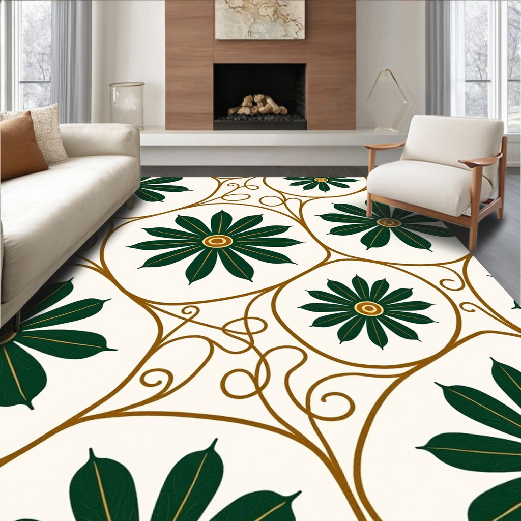 Elegant Green Flower Vine Motif Rug