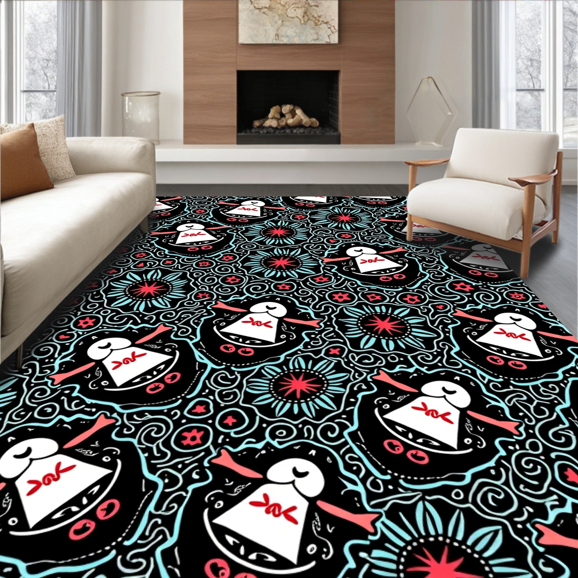 Whimsical Black Teal Figures Floral Rug
