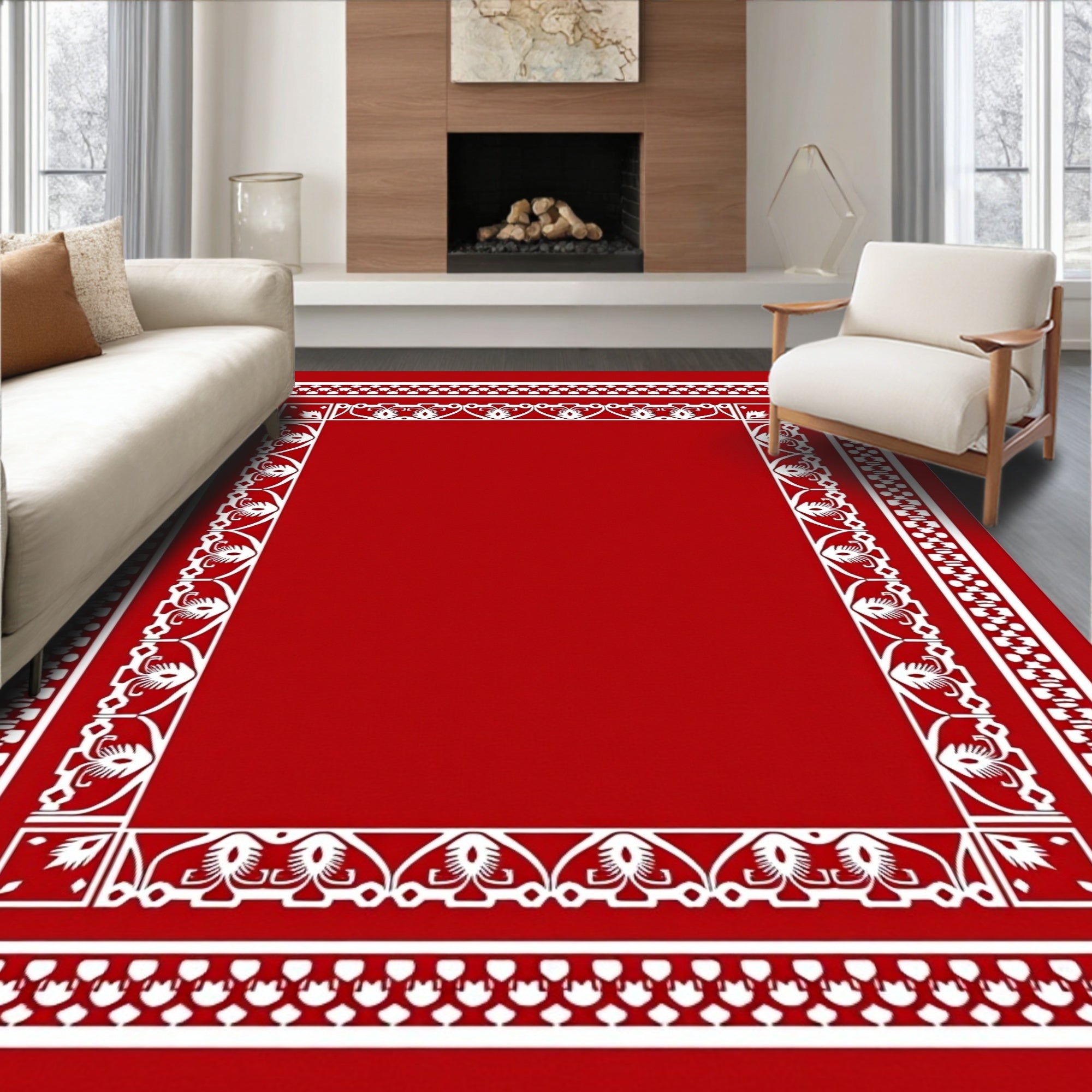 Ornate Red White Floral Border Design Rug