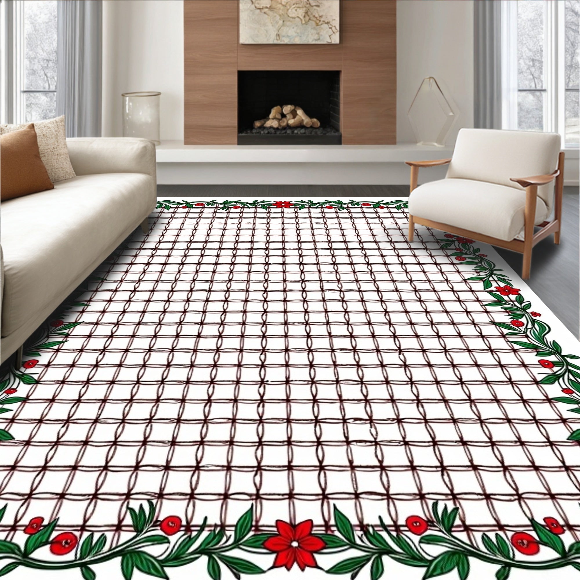 Red Floral Lattice Border Design Rug