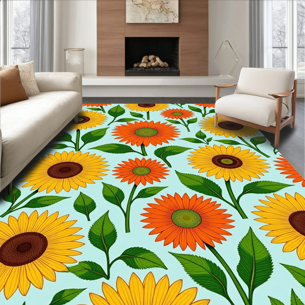 Sunny Yellow Orange Flower Pattern Rug