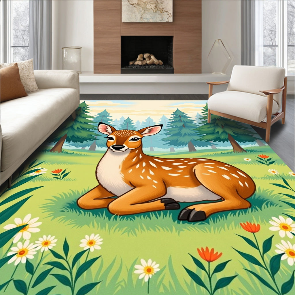 Woodland Deer With Wildflowers Pattern Rug