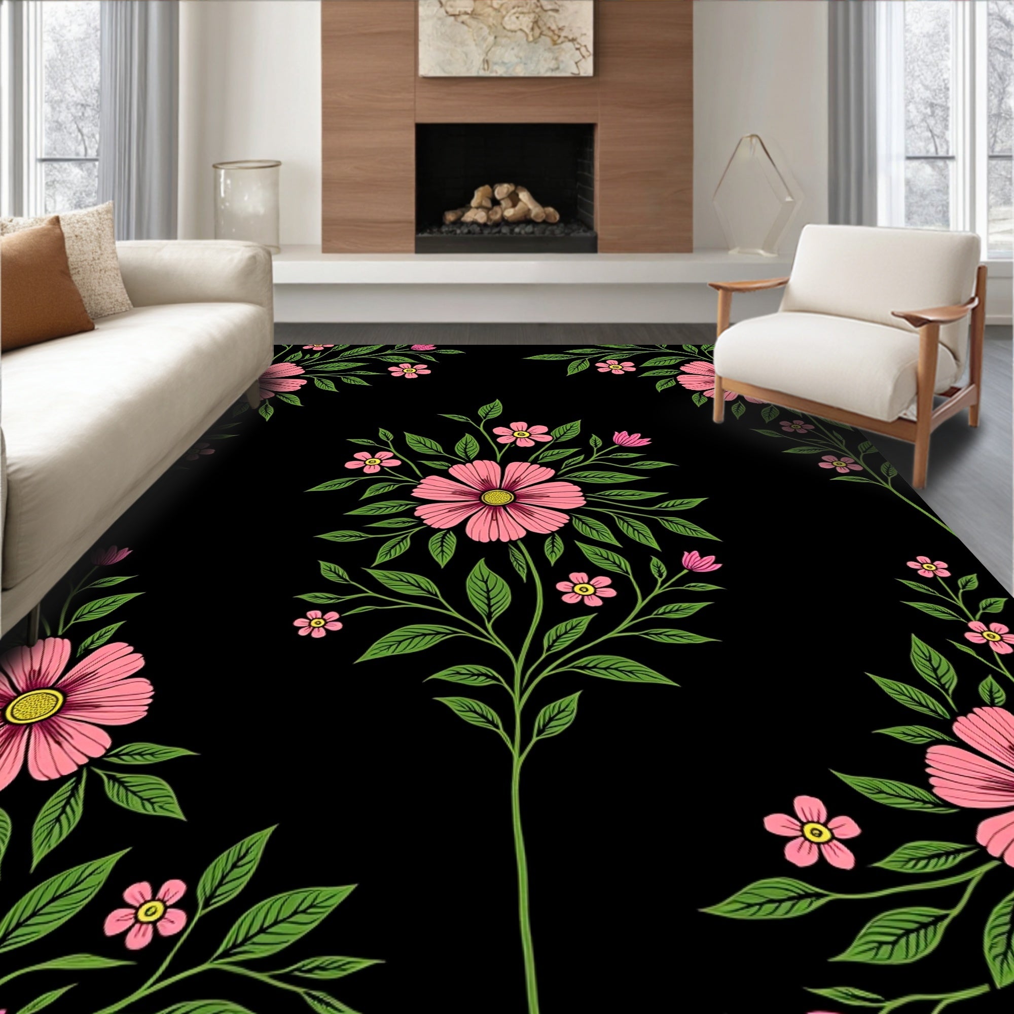 Pink Floral Vines On Black Design Rug