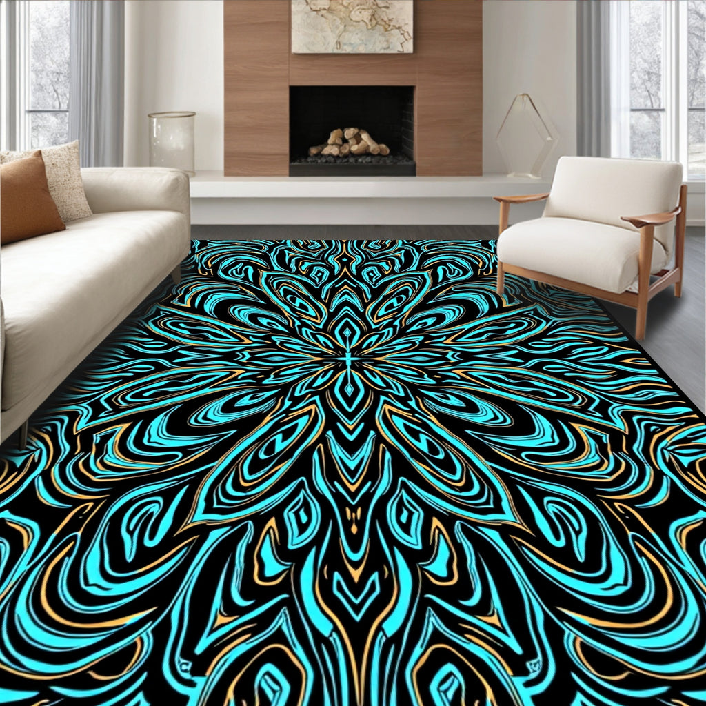 Ornate Blue Gold Swirl Pattern Rug