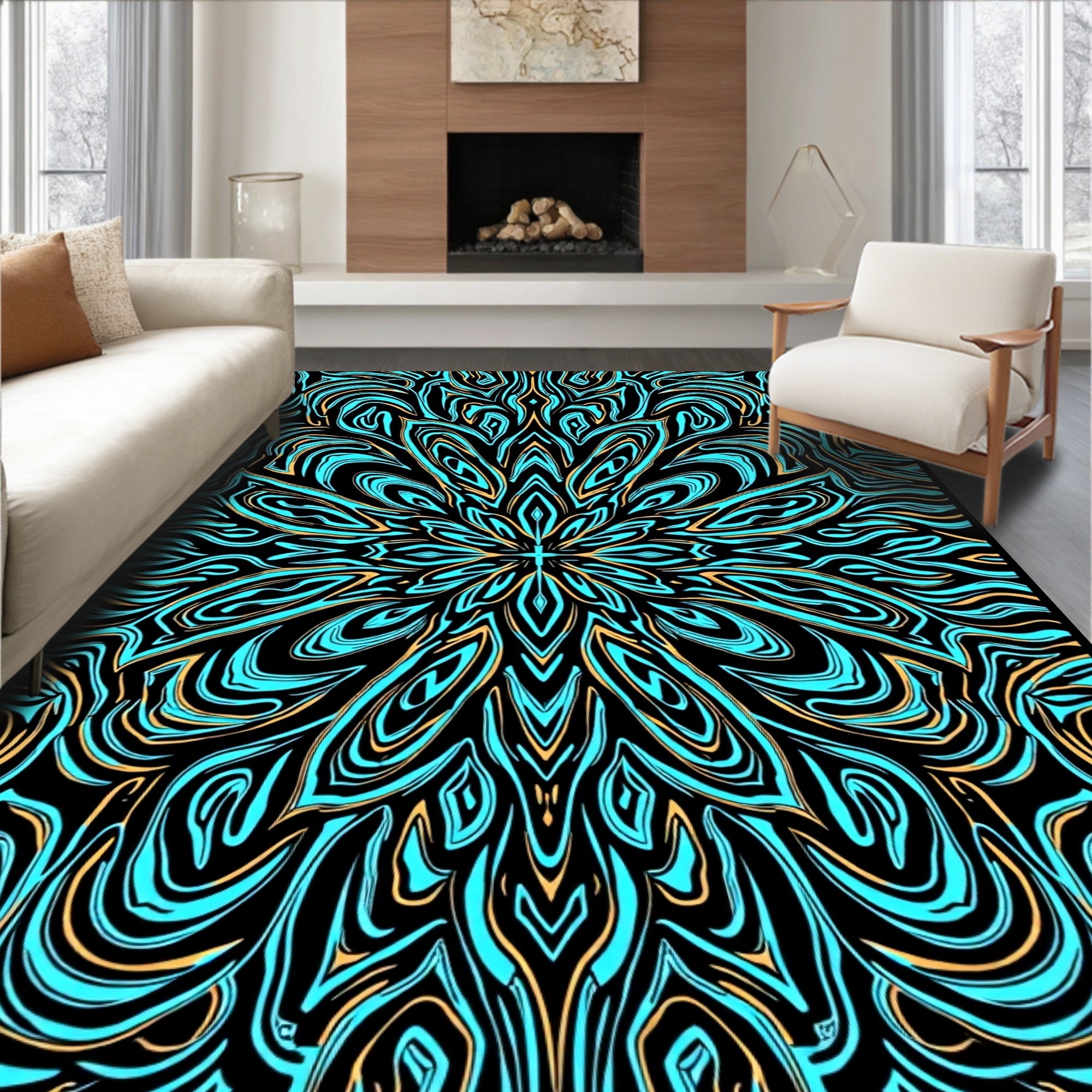 Ornate Blue Gold Swirl Pattern Rug