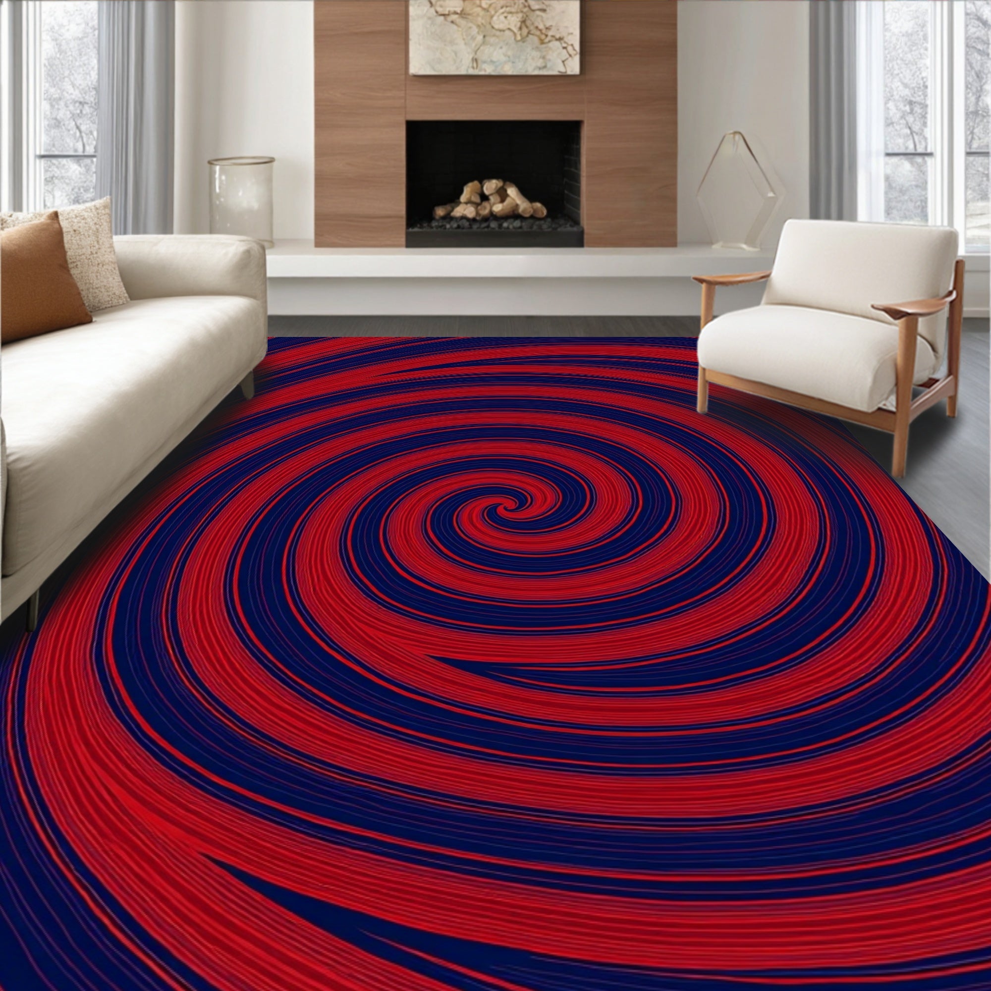 Crimson Swirl Dynamic Line Art Rug