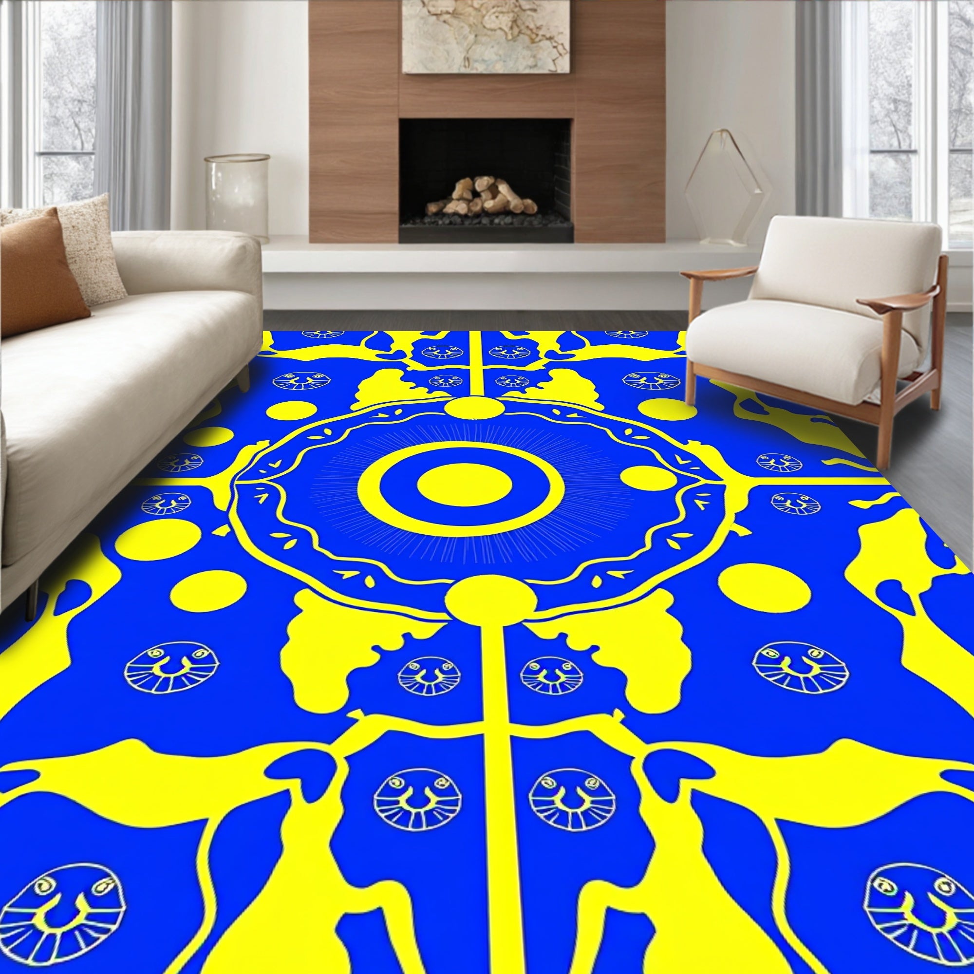 Bold Yellow And Blue Abstract Sunburst Face Rug
