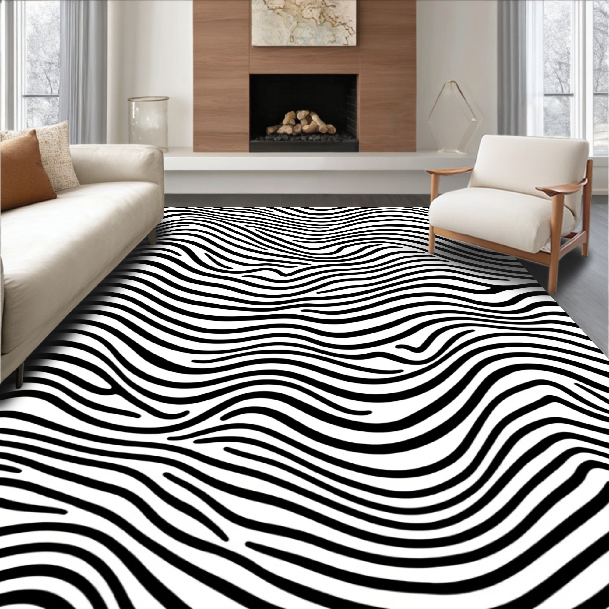 Bold Black White Wavy Stripes Rug