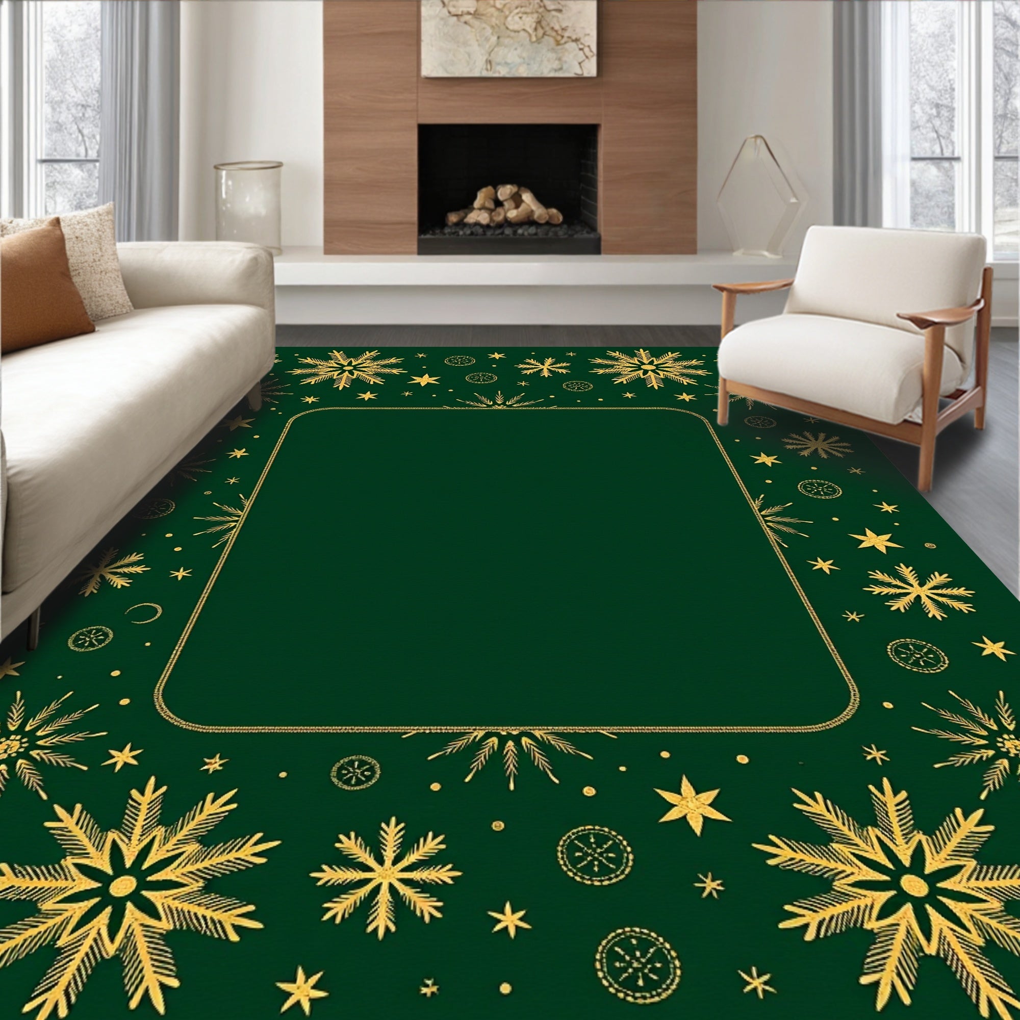 Golden Snowflakes on Emerald Green Field Rug