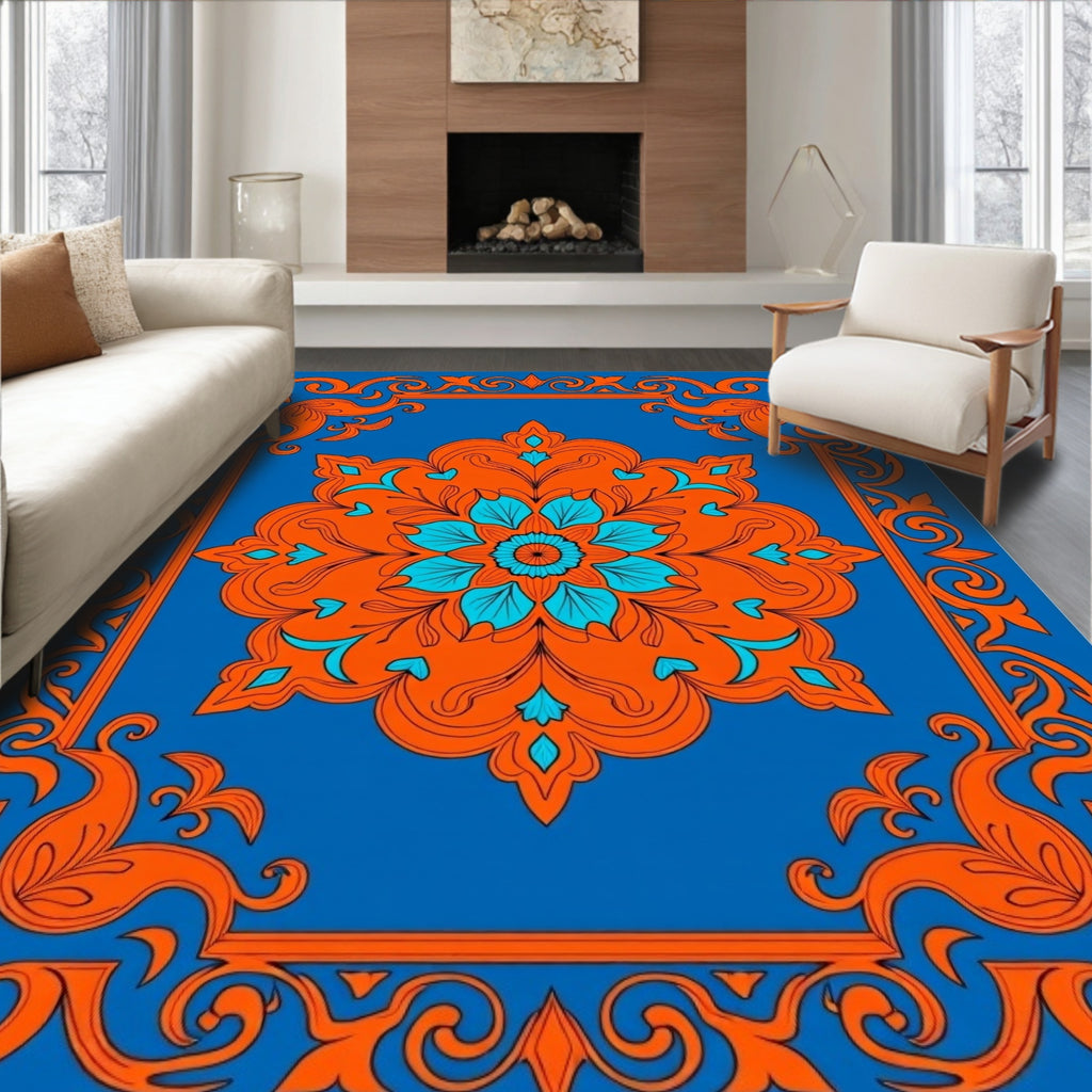 Bright Blue Orange Floral Medallion Border Rug