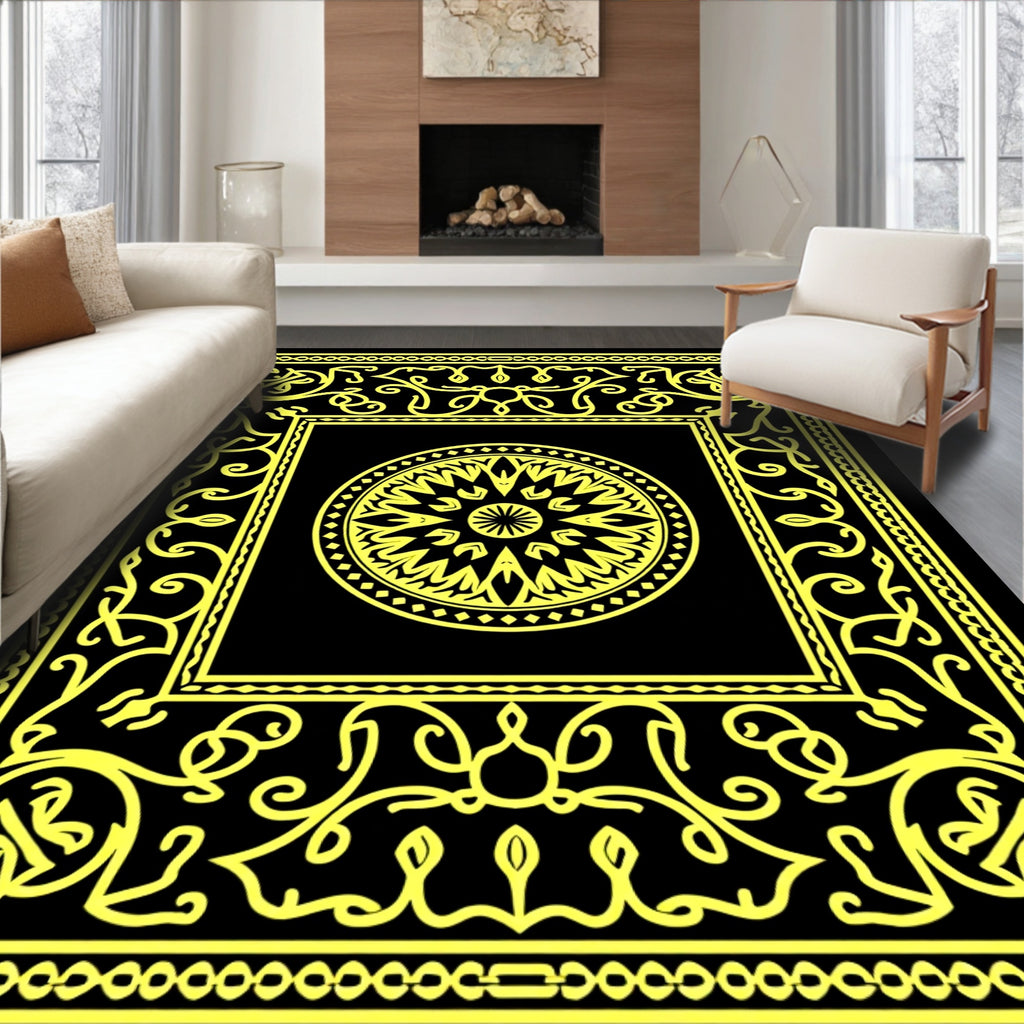 Ornate Yellow Black Geometric Medallion Design Rug