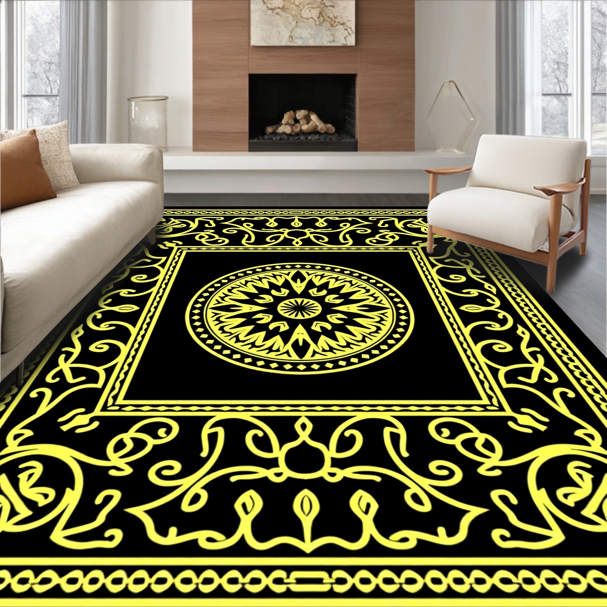 Ornate Yellow Black Geometric Medallion Design Rug