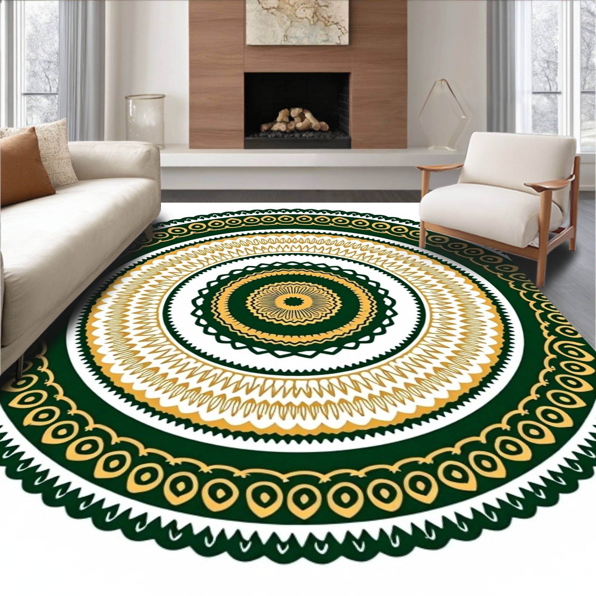 Green Gold Circular Mandala Design Rug