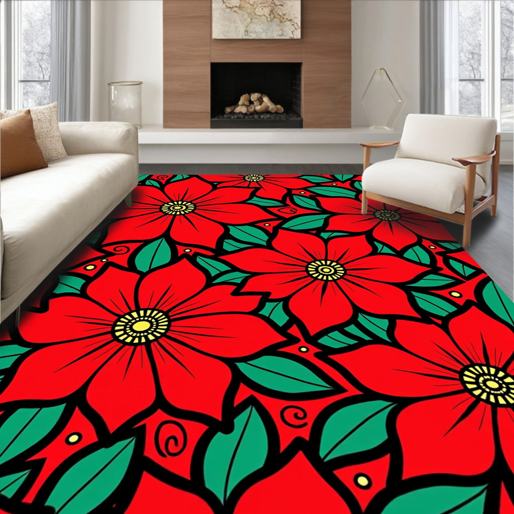 Bold Red Floral Pattern Rug