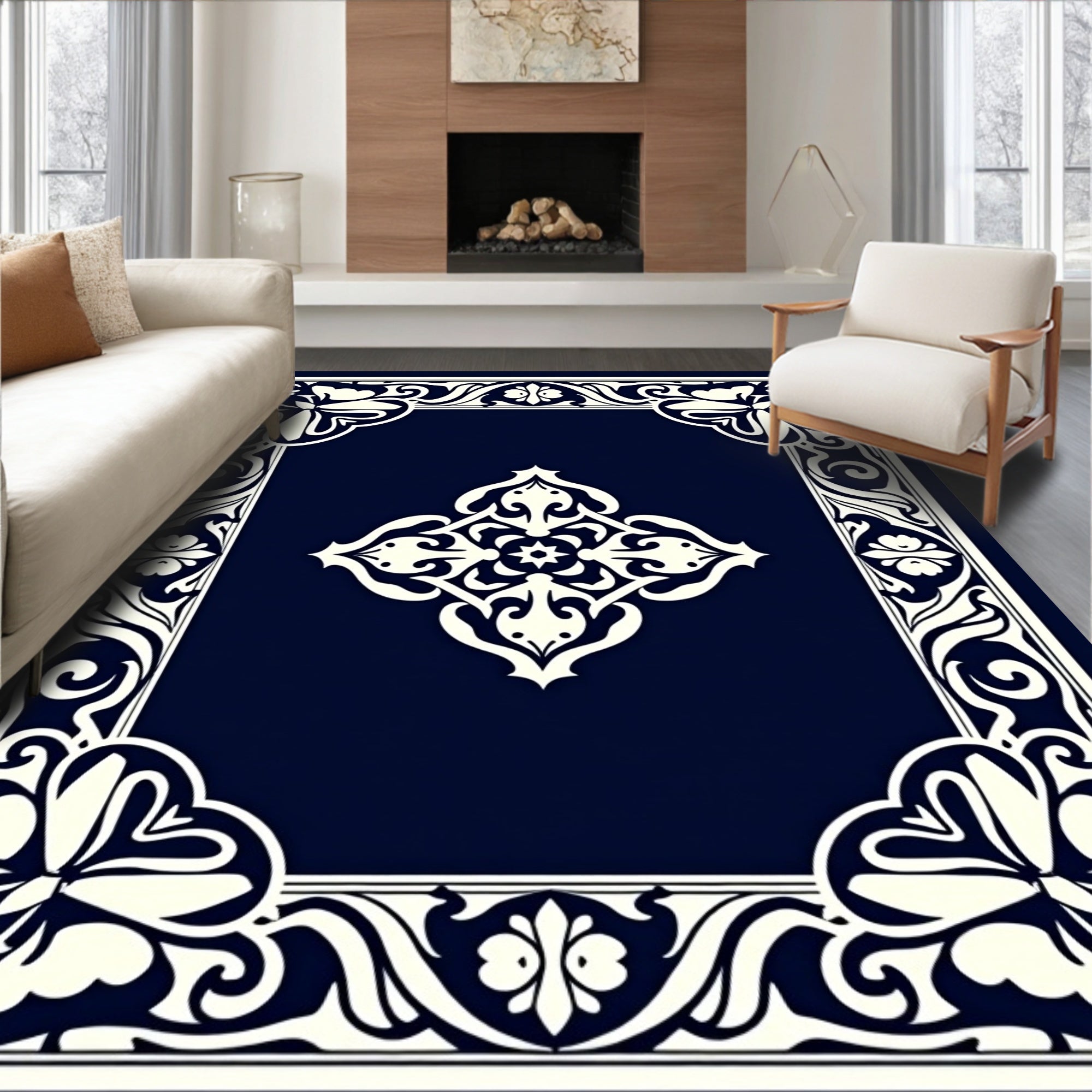 Elegant Floral Medallion Border Design Rug