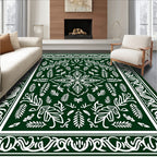 Dark Green White Botanical Floral Pattern Rug