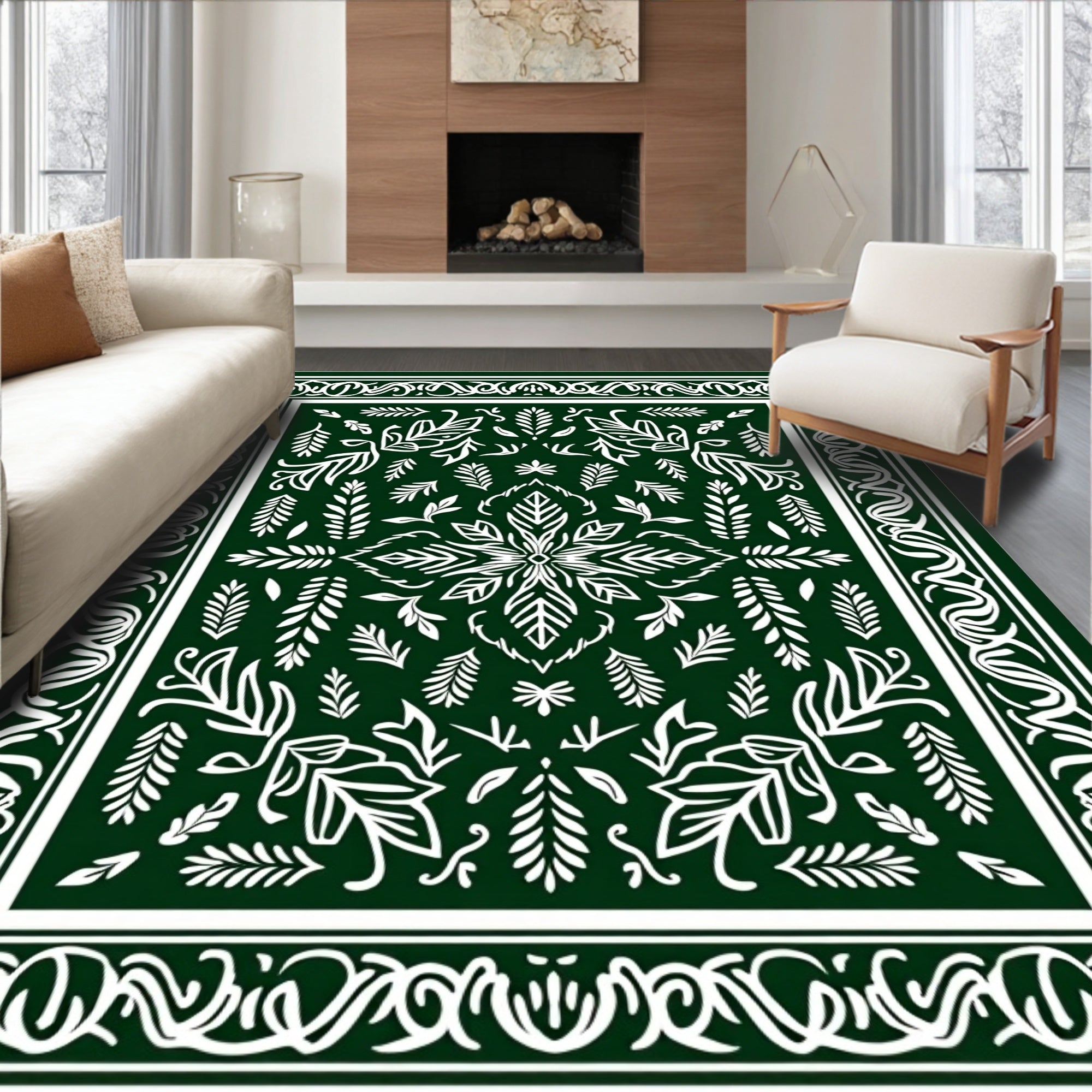 Dark Green White Botanical Floral Pattern Rug