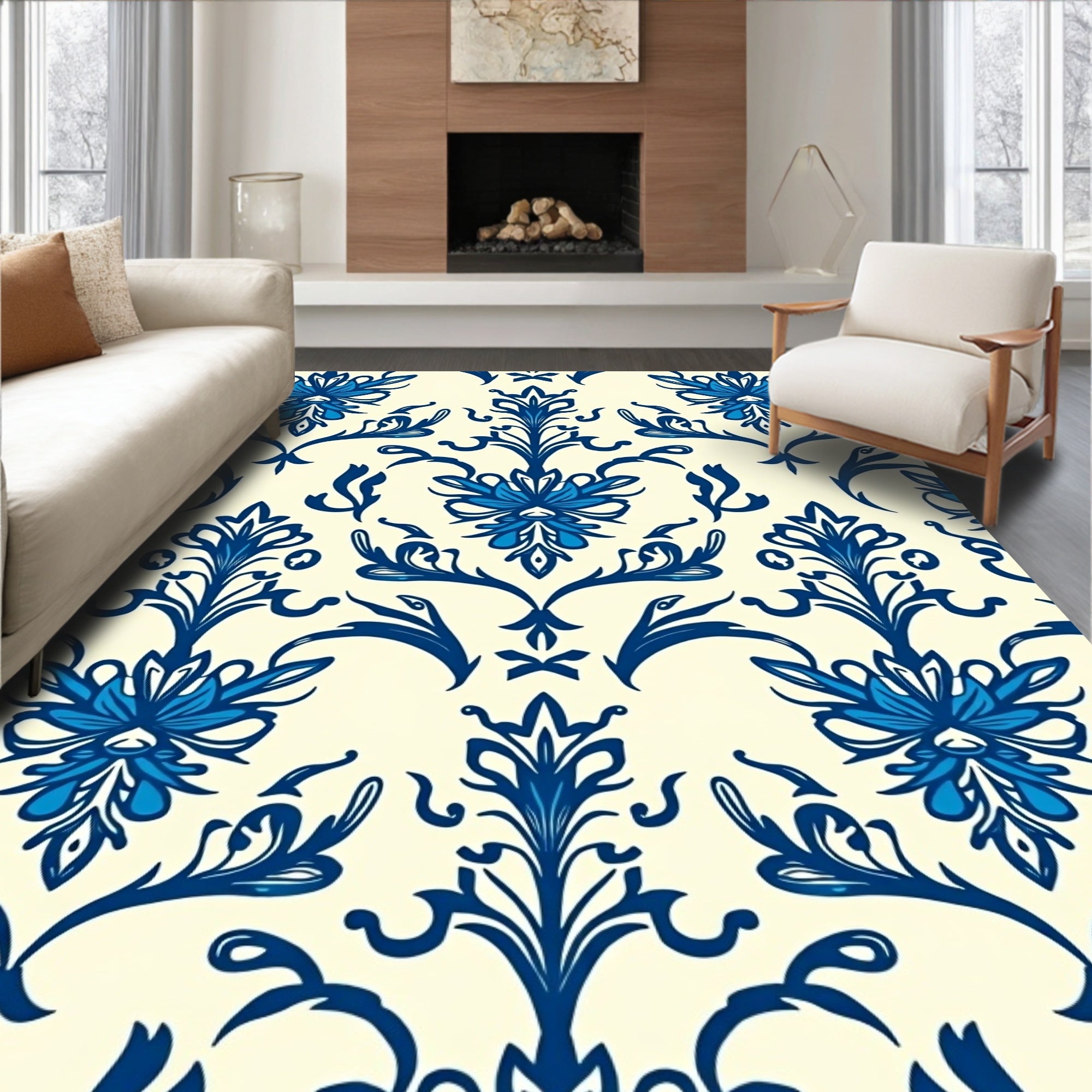 Classic Damask Blue Floral Pattern Rug