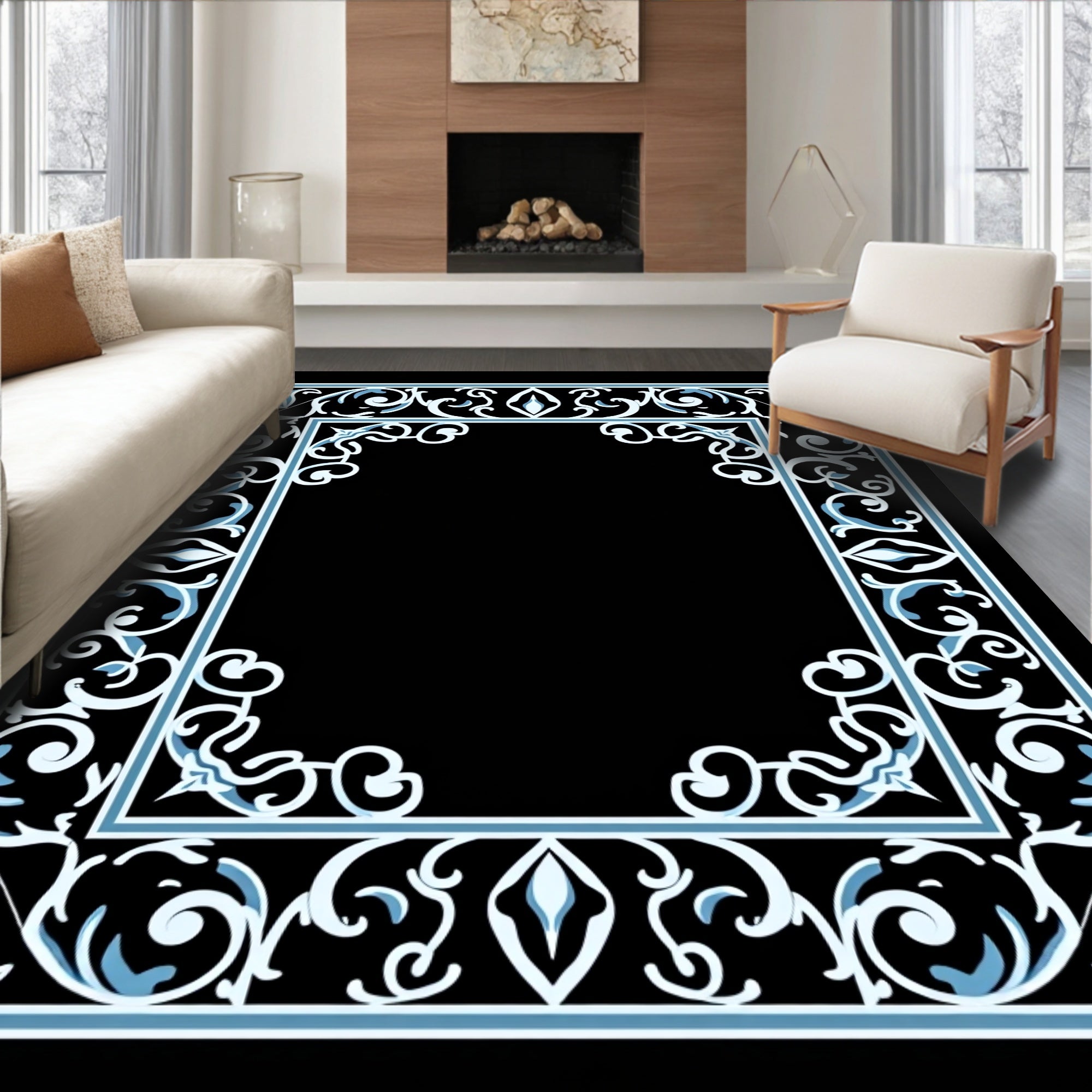 Ornate Blue White Floral Scroll Rug