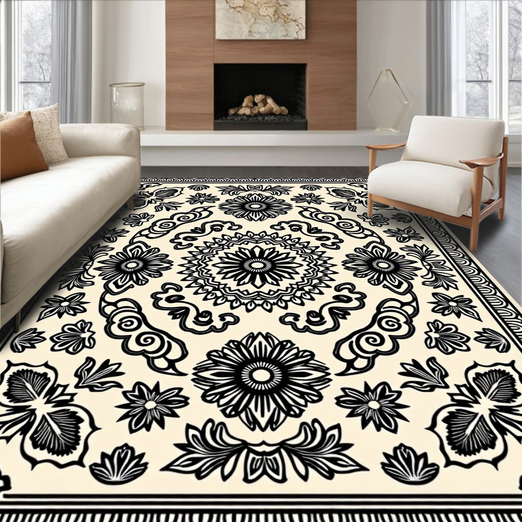 Mandala Floral Black Cream Design Rug